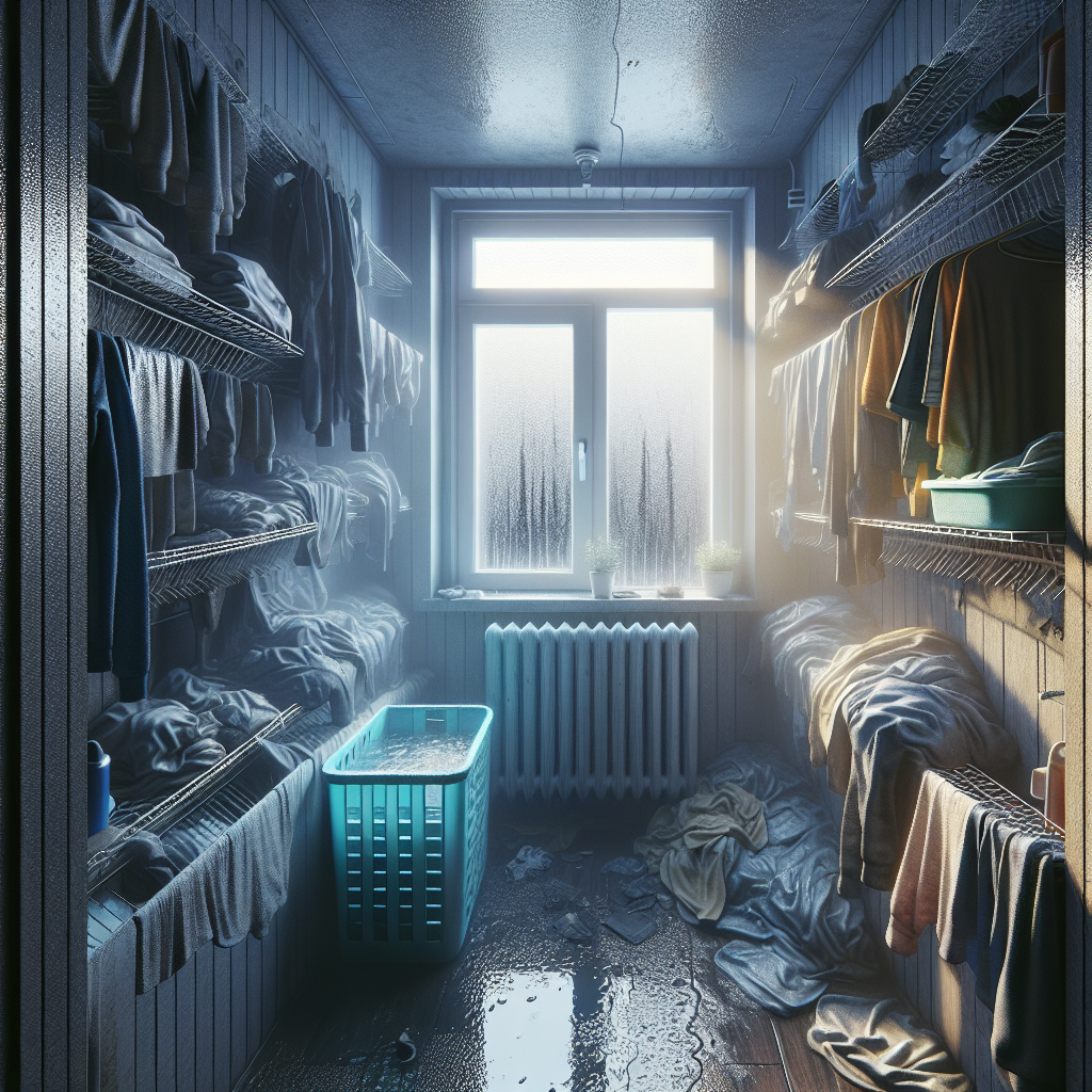 Realistic photo of a small, enclosed apartment room with a clothes drying rack fully laden with wet laundry. Heavy condensation covers the windowpane, and the air appears visibly humid and stagnant, emphasizing the high moisture level indoors. Natural light filtering through the damp window.