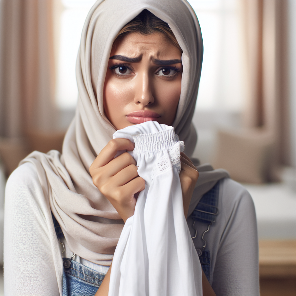 A person, looking slightly disappointed or concerned, is holding a piece of laundry (e.g., a towel or shirt) to their nose, subtly indicating an unpleasant, damp smell. The laundry itself appears clean, but the person's expression conveys the issue. Soft, natural light in a home setting, realistic photography style.