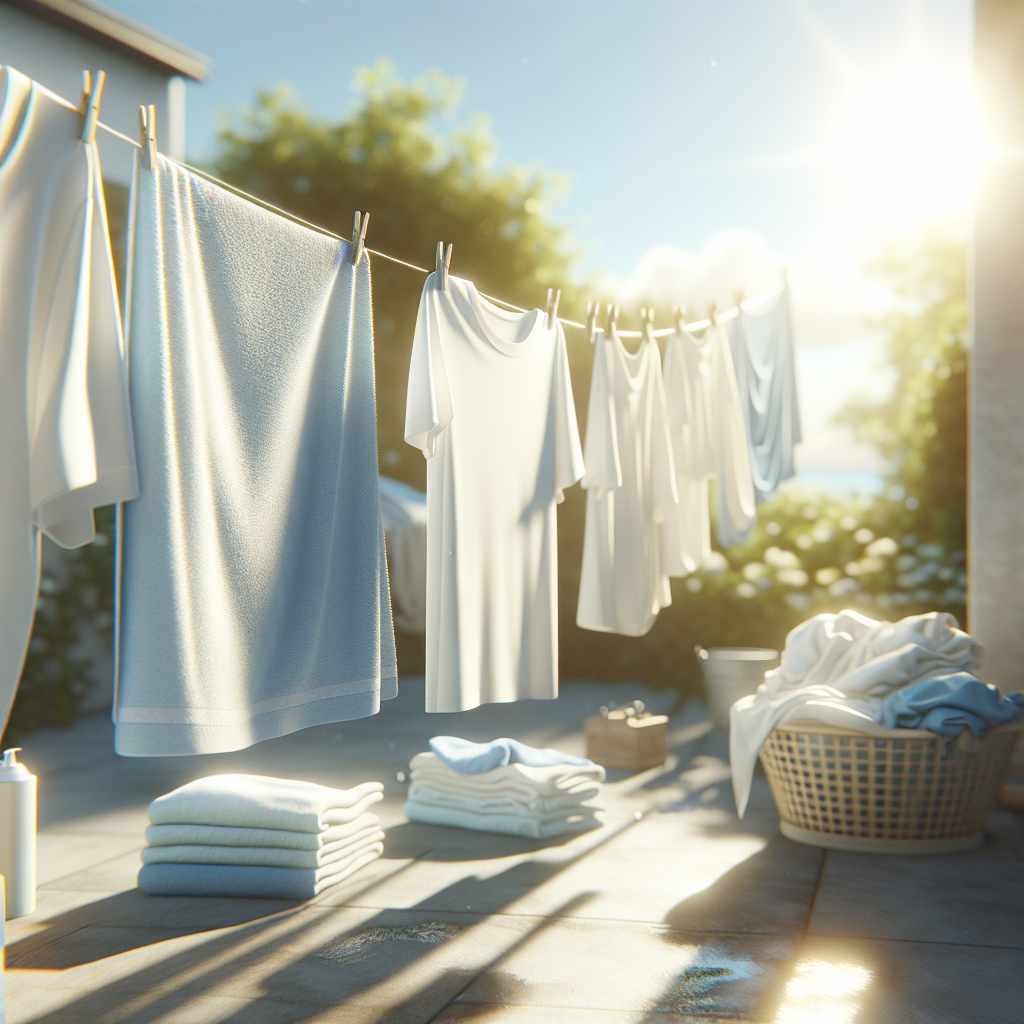 Freshly washed, vibrant white and light-colored clothes (e.g., a white t-shirt, a light blue towel) hanging on a clothesline outdoors. Bright, warm sunlight bathes them, creating a crisp, clean atmosphere. A gentle breeze is suggested, and the background features a blurred, pleasant outdoor scene like a garden or blue sky. Emphasize a feeling of freshness and cleanliness, realistic photography style.