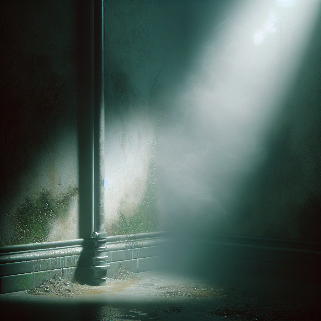 A dimly lit, atmospheric corner of a room showing subtle signs of dampness, such as faint water stains on a wall and a hint of peeling paint. A wispy, greenish-grey haze subtly represents a musty, unpleasant odor permeating the stagnant air. A single drop of condensation is visible on a cold pipe. Realistic, slightly moody lighting.