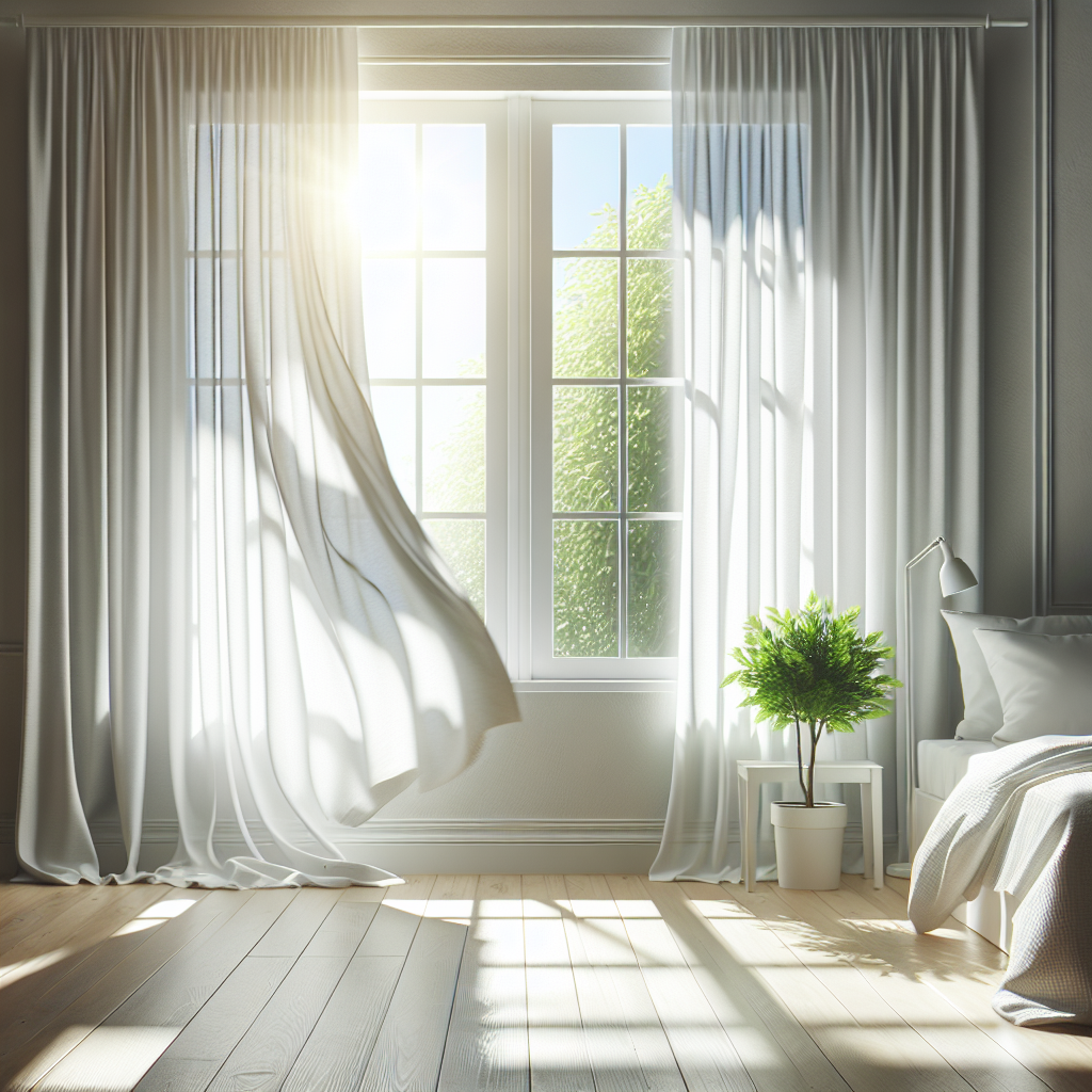 A bright, clean room with a large window wide open, letting in abundant natural sunlight and a gentle, fresh breeze that softly billows a white curtain. The atmosphere feels fresh, airy, and inviting, symbolizing excellent ventilation and cleanliness. A small, vibrant green plant sits on the windowsill. Realistic, serene photography.