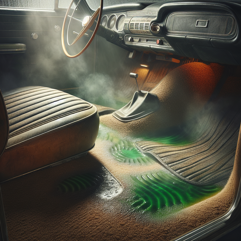 A detailed, atmospheric close-up of a car's interior, showing damp, stained floor mats and seats. A subtle, hazy, unpleasant musty green odor cloud visually emanating from the wet areas, making the car look uninviting and old. Realistic, cinematic lighting, emphasizing the problem of moisture and bad smell.