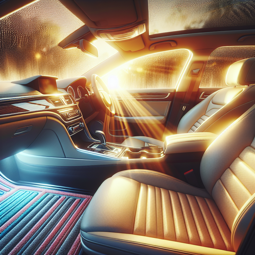 A bright, fresh, and sparkling clean car interior. Sunlight streams through open car doors and windows, illuminating dry, pristine seats and floor mats. A gentle breeze is suggested, creating an uplifting and inviting atmosphere. The overall impression is one of cleanliness, freshness, and pleasantness, after successfully removing moisture and odor. Realistic, vibrant colors.
