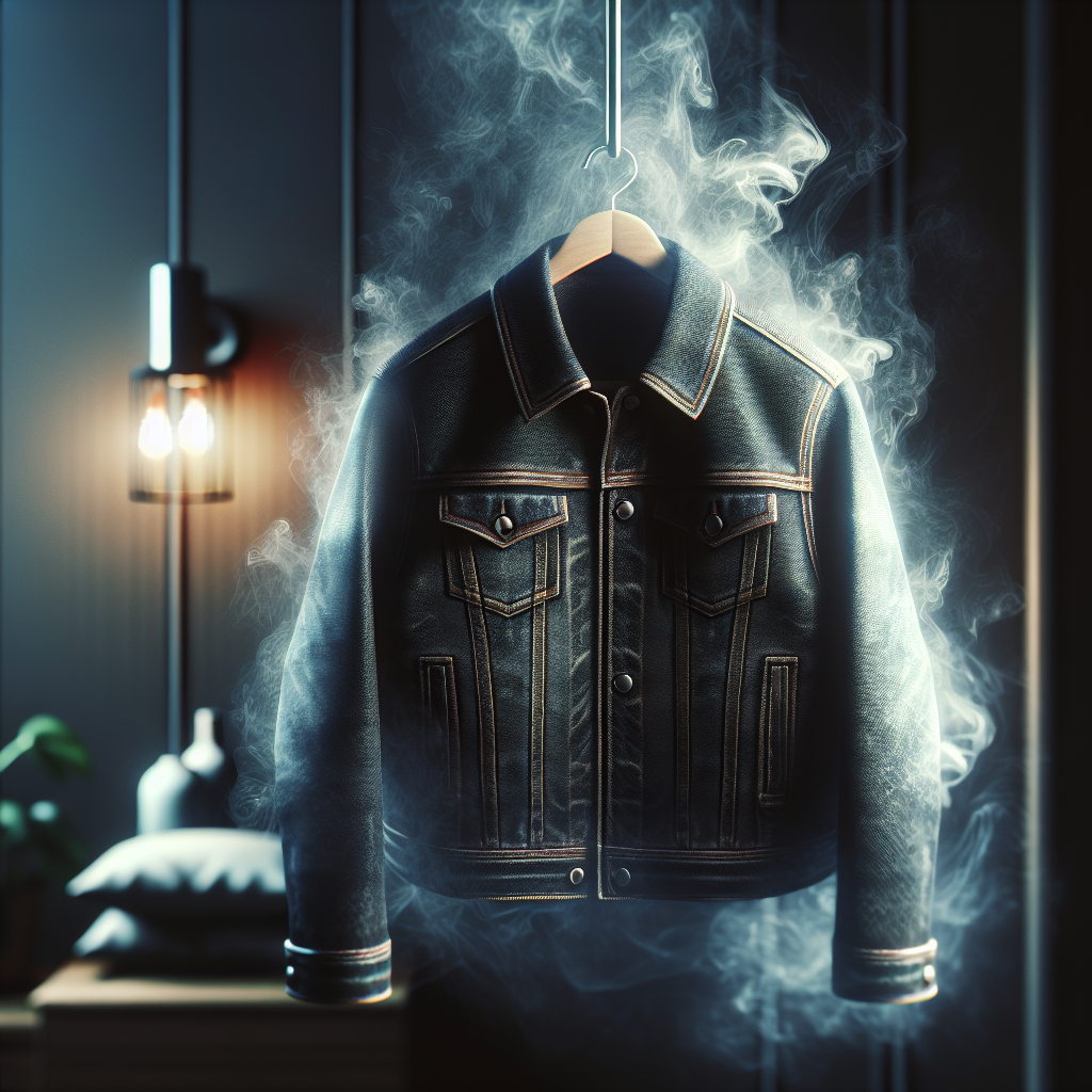A stylish winter or denim jacket hanging indoors, with subtle, dark wisps of smoke or an unpleasant aura visibly emanating from it, suggesting a strong, persistent smoke smell. The background is slightly blurred, focusing on the jacket and the implied odor. Realistic style, slightly moody and warm lighting.