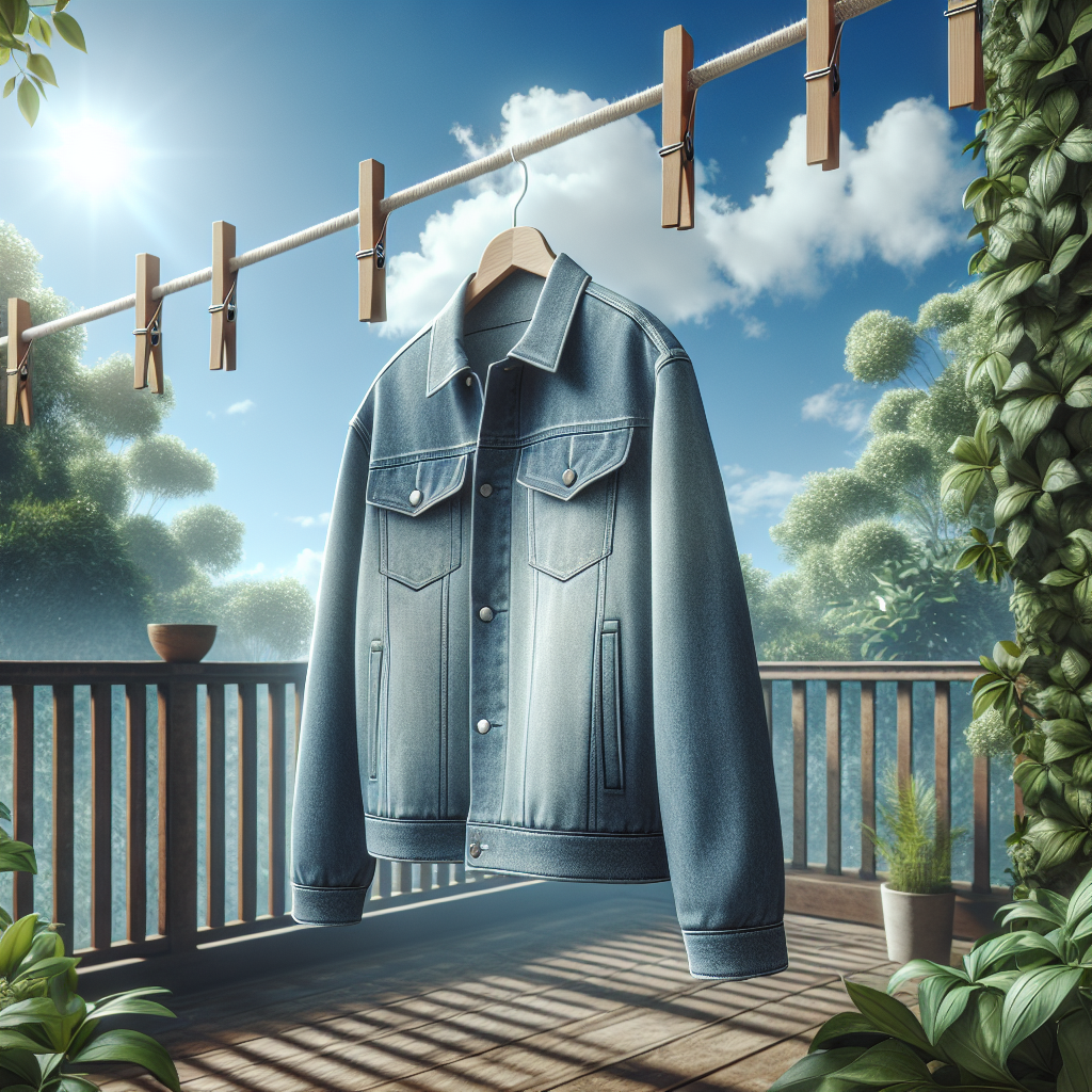 A clean, fresh jacket (like a denim jacket or parka) hanging outdoors on a clothesline or balcony railing, gently swaying in a light breeze under bright, clear sunlight. The background features lush greenery or a clear sky, conveying a sense of crispness, cleanliness, and natural freshness. Realistic style, vibrant and airy.