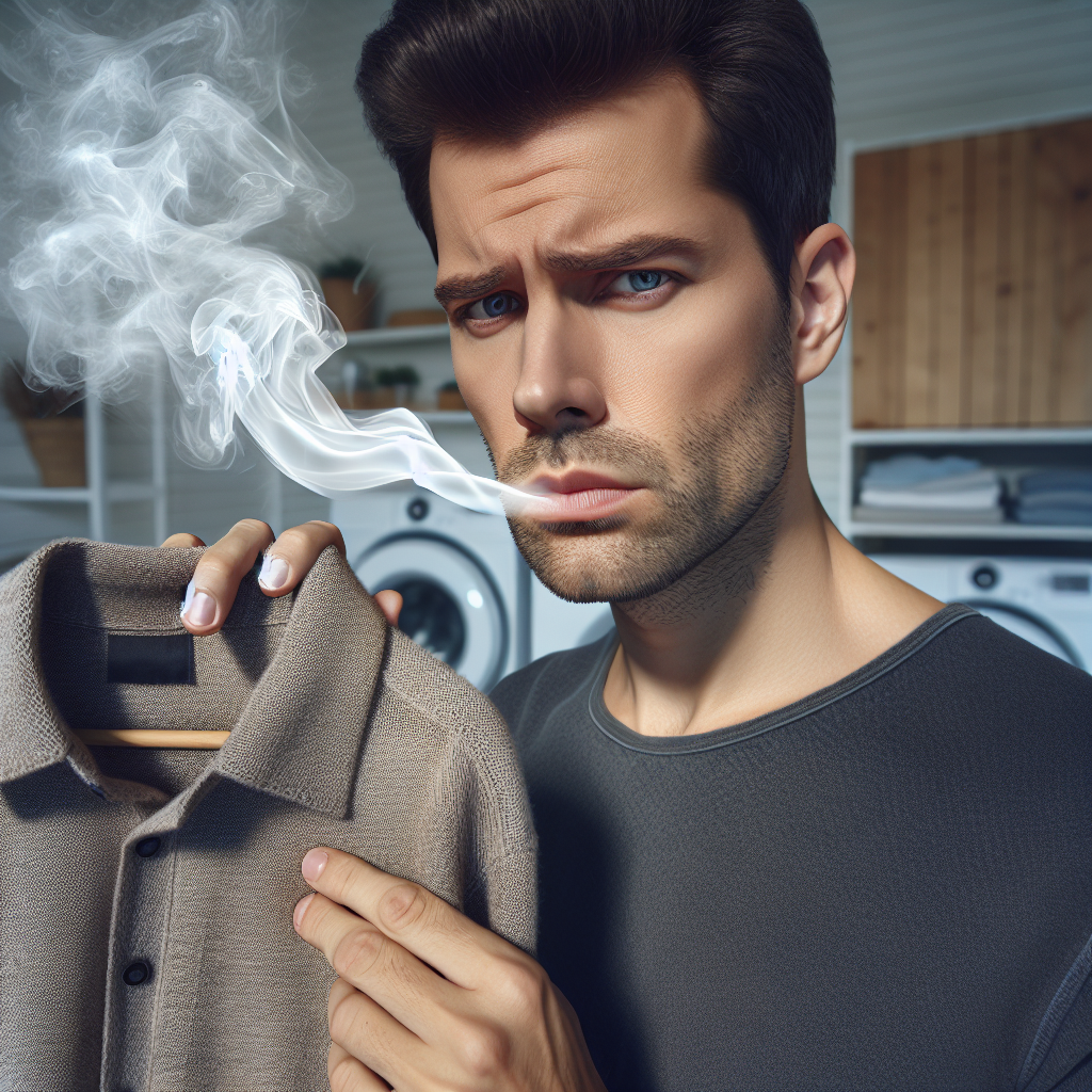 A person, looking slightly frustrated or concerned, holds a piece of clothing (like a sweater or jacket) up to their nose, clearly indicating a lingering smoke odor. Subtle, almost transparent wisps of smoke are gently rising from the garment. The background is a clean, modern home setting, like a laundry room or bedroom. Realistic style, natural lighting.