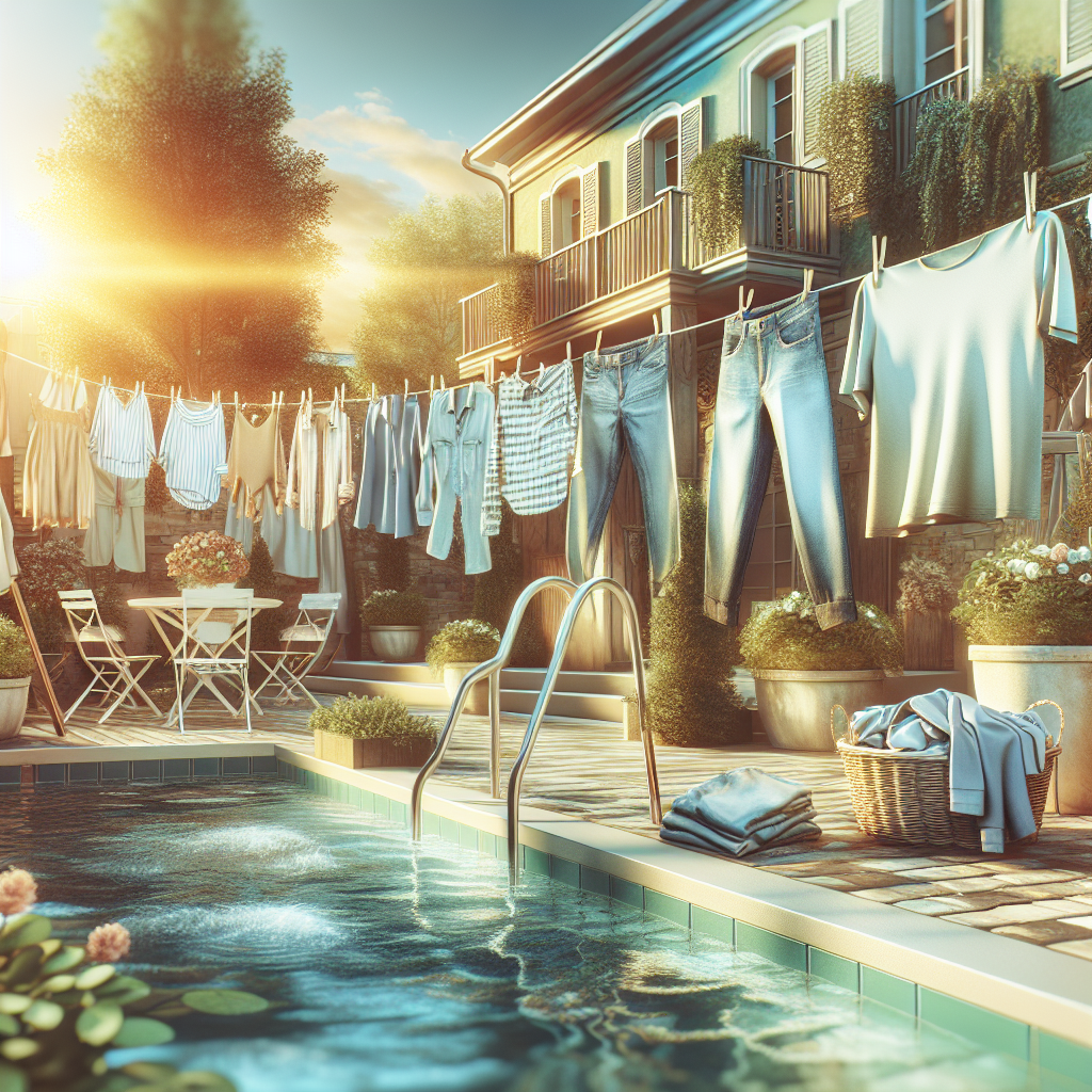 Freshly laundered clothes (a mix of shirts, t-shirts, and a jacket) are hanging loosely on a clothesline or a drying rack outdoors on a sunny, slightly breezy day. The fabric gently sways in the wind, with bright natural sunlight illuminating the scene, emphasizing freshness and cleanliness. A pleasant outdoor environment, like a balcony or garden, is in the background.
