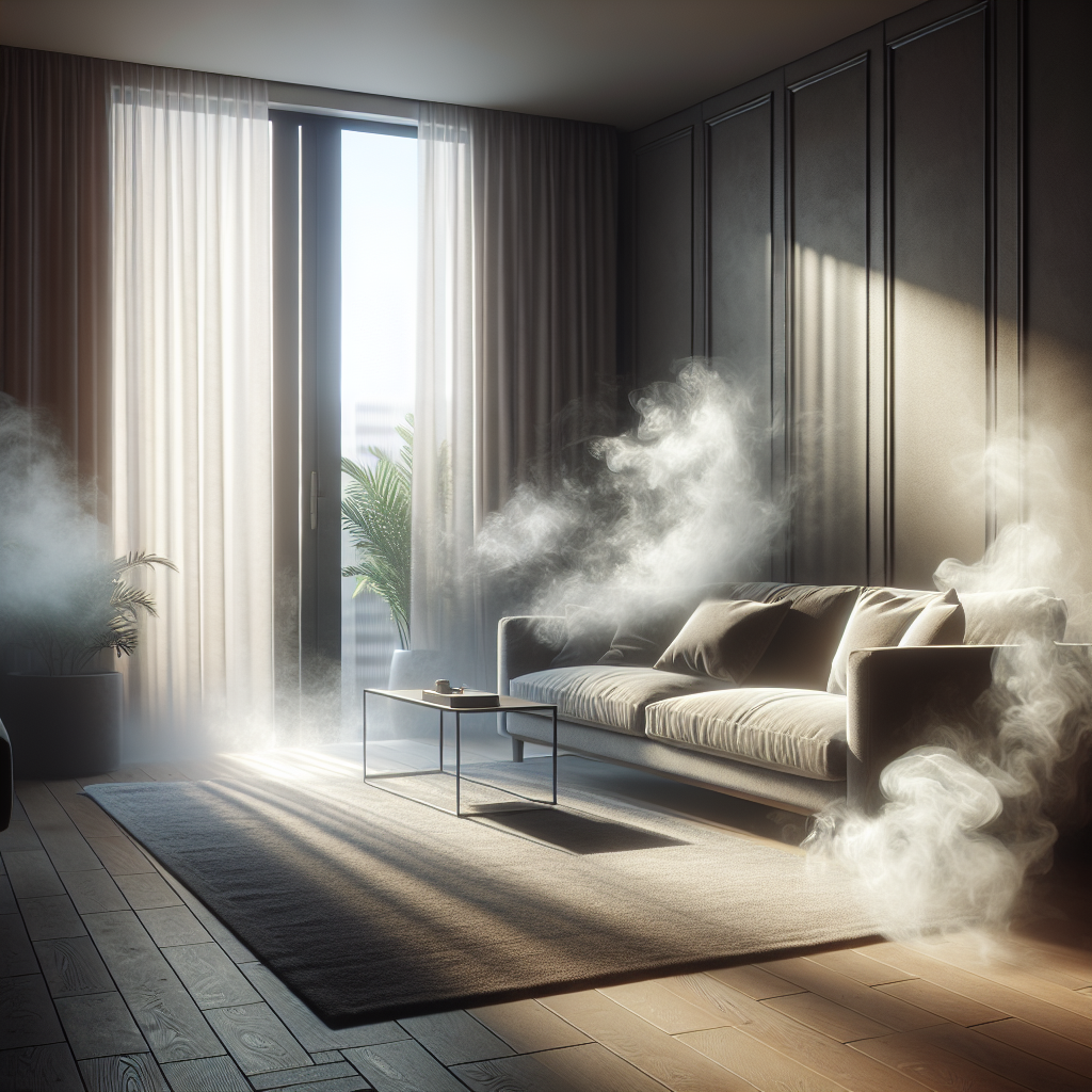 A subtle, lingering smoke haze filling a modern, cozy apartment living room. Sunlight streams through a slightly open window, illuminating faint tendrils of smoke near a sofa, suggesting a recent, minor incident. The atmosphere is muted and slightly oppressive, hinting at an unpleasant lingering odor. Realistic photography, soft natural light.