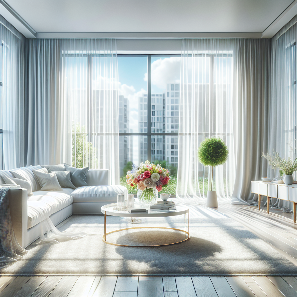 A bright, airy apartment living room with wide-open windows and sheer white curtains gently billowing in a fresh breeze. The space feels meticulously clean and sparkling, with sunlight flooding in and a vase of vibrant, fresh flowers on a coffee table, evoking a strong sense of freshness, cleanliness, and renewal after an odor removal. Realistic photography, vibrant and inviting.