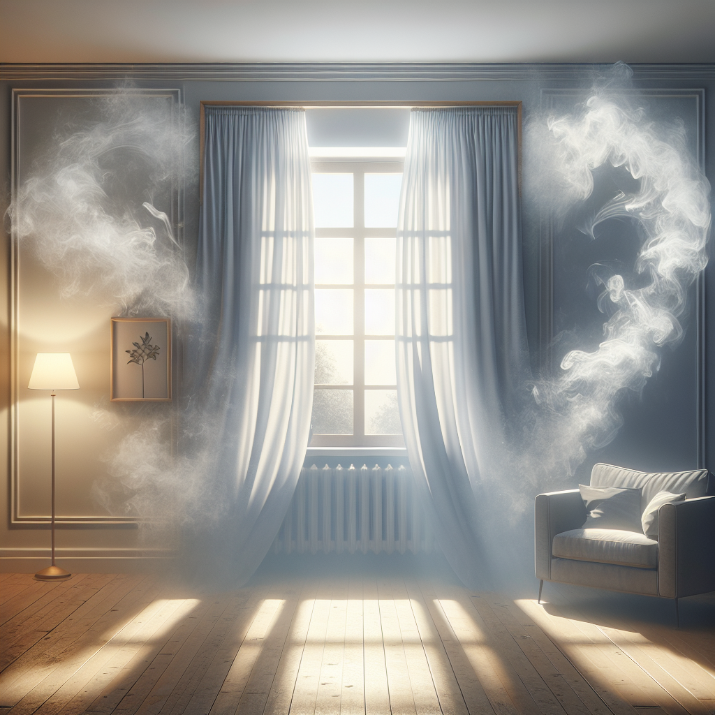 A cozy living room subtly showing signs of a past smoke incident – perhaps a faint discoloration on a wall or a slightly muted atmosphere. A window is thrown wide open, with a gentle breeze billowing sheer white curtains inwards, symbolizing fresh air entering and actively clearing a lingering smoke smell. The scene should evoke a sense of relief and active ventilation. Realistic photo, natural light.
