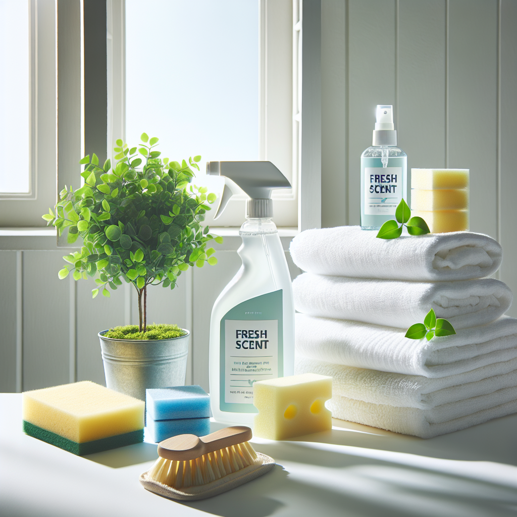 A bright, clean image showcasing various effective cleaning elements: a spray bottle with a 'fresh scent' label, a clean sponge, a stack of freshly laundered white towels, and a delicate green plant placed near an open window, suggesting deep cleaning and complete odor removal. The overall impression should be one of pristine cleanliness, freshness, and the successful elimination of stubborn fire smell. Studio shot, bright, airy lighting.
