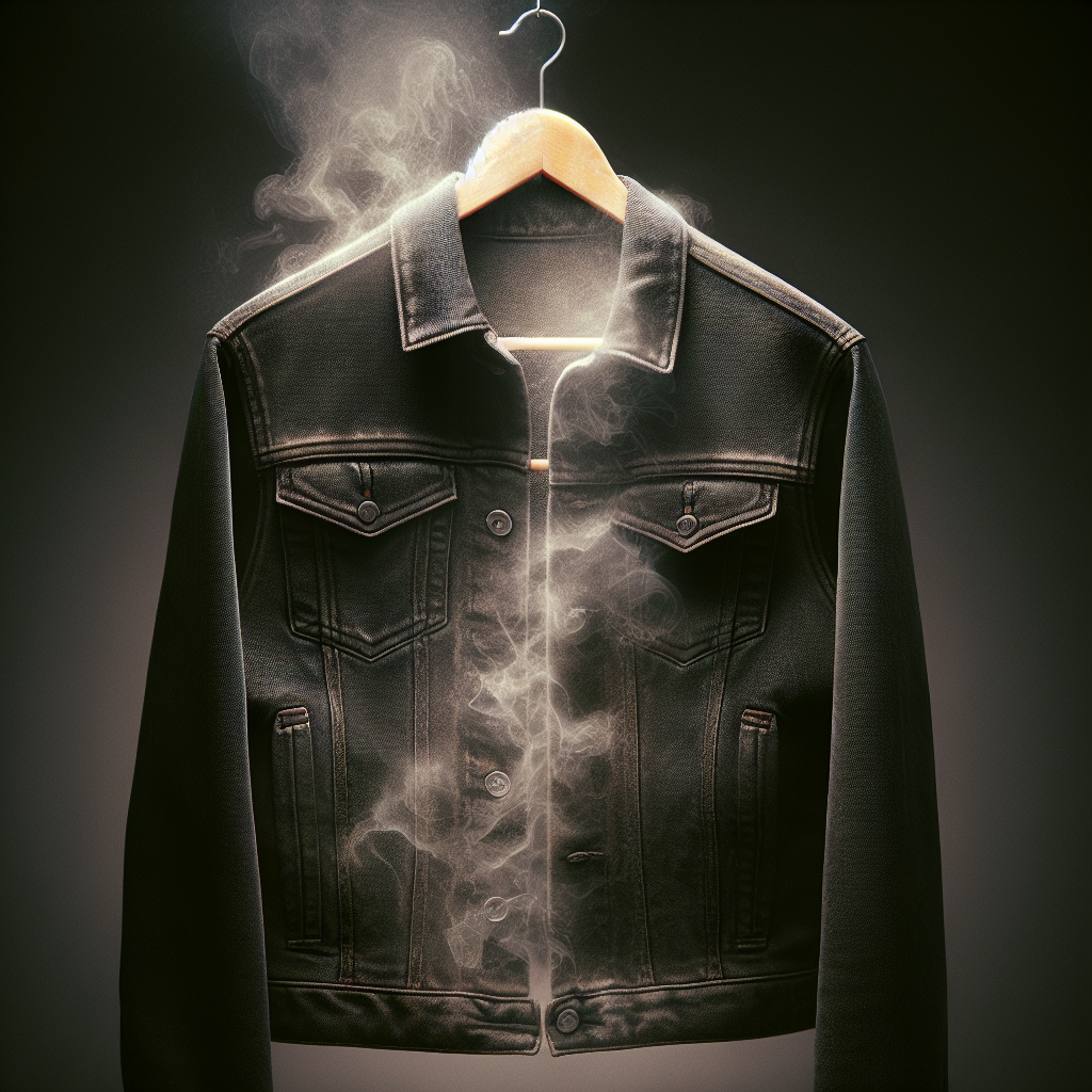 A dark, slightly rumpled denim jacket hanging on a clothes hanger, subtly permeated by a faint, almost transparent smoky haze that hints at a lingering unpleasant smell and residue. The lighting is soft and slightly subdued, emphasizing the stubbornness of the smoke particles in the fabric. Realistic style, focus on textile texture.