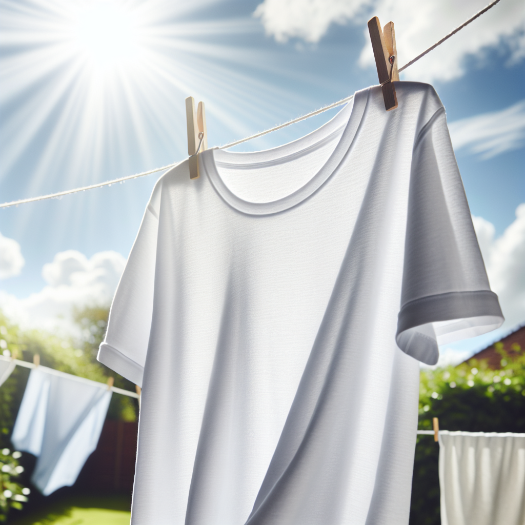A vibrant, clean white cotton t-shirt or blouse, freshly laundered, gently swaying on a clothesline outdoors under a bright, sunny sky. The fabric appears crisp, bright, and emits a subtle, almost visible aura of freshness and cleanliness, with gentle light highlighting its soft texture. The background features a clear, airy garden or sky, conveying a sense of renewal and purity.