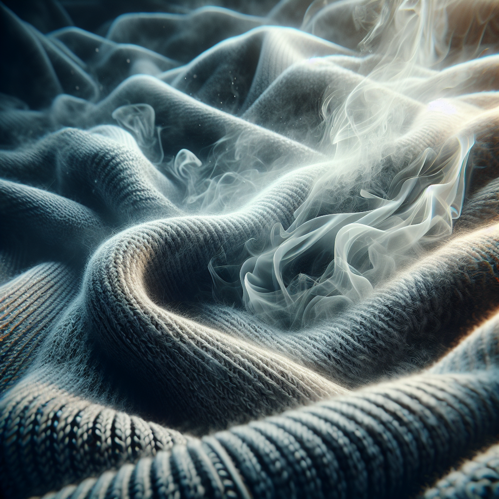 A close-up shot of a soft, folded fabric, like a sweater or t-shirt, with a very subtle, almost ethereal smoky haze subtly emanating from it, suggesting a persistent odor. The background is blurred, hinting at a cozy home environment. Realistic, high detail, soft lighting.