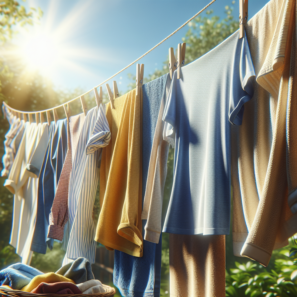 Clean laundry, including various shirts and towels, hanging outdoors on a clothesline, gently swaying in a fresh breeze under a bright, clear sky. Sunlight shines on the clothes, creating a strong sense of freshness and natural purification. Focus on the texture of the fabric and the serene outdoor environment.