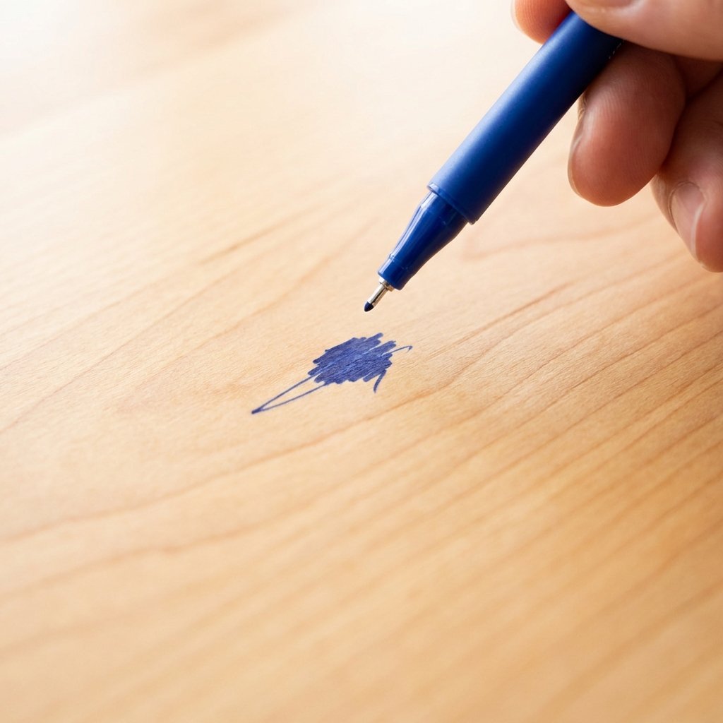 A close-up, brightly lit professional photo showing a light-colored, smooth wooden table surface with a prominent, freshly made blue fineliner stain. A hand (partially visible, perhaps just fingers) is holding a fineliner pen, slightly lifted from the surface, implying the moment of accidental creation. The stain should appear dark and distinct against the pristine wood grain, highlighting the problem of accidental marks. The overall mood should be clean and slightly frustrating but approachable, perfect for a problem-solution blog post.