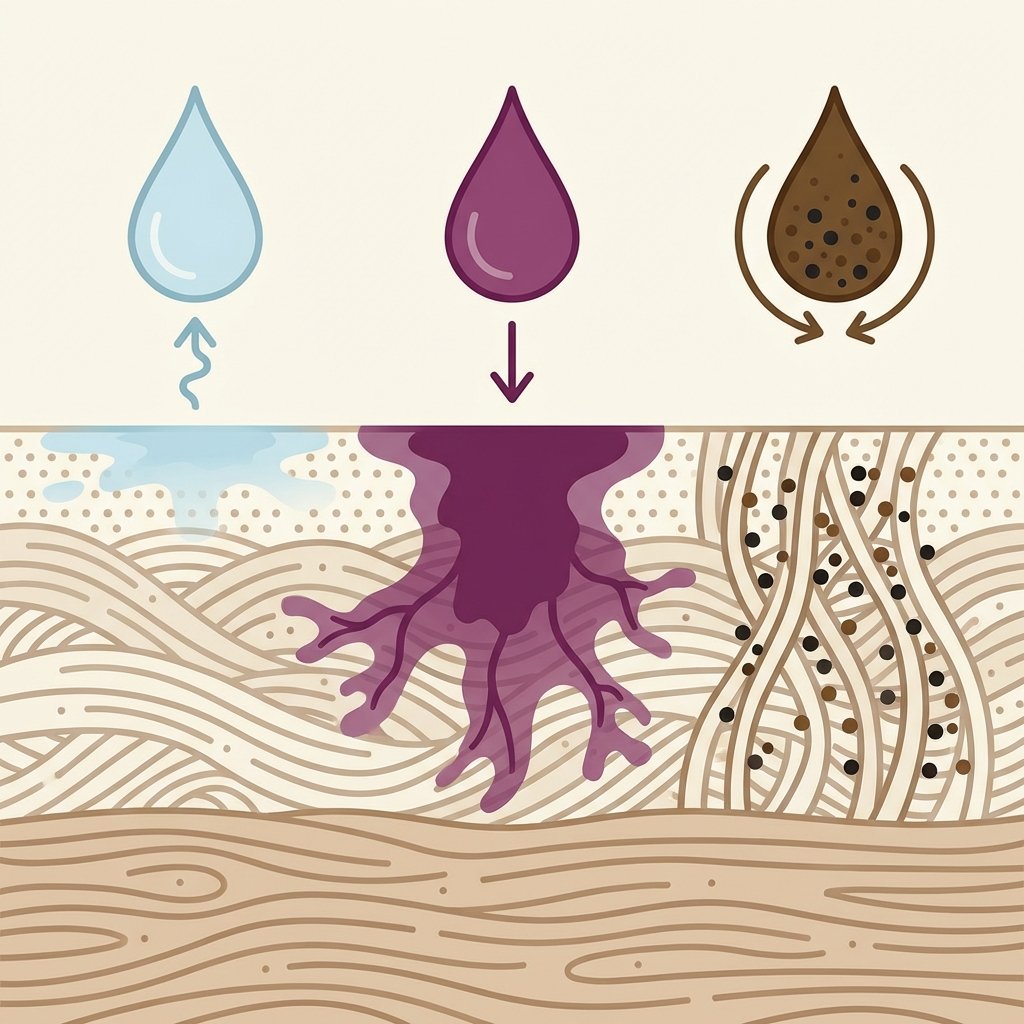 A clear, illustrative infographic-style image depicting a cross-section of a generic porous material, like a fabric weave or wood grain. Above this surface, three distinct droplets of liquid, representing different ink types, are shown. One droplet (water-based) is shown dissipating easily on the surface. Another (alcohol-based) shows deeper, more widespread penetration into the material. The third (pigmented) shows tiny, distinct particles deeply embedded and clinging stubbornly within the material's fibers, illustrating the difficulty of removal. Use clean lines and a simple color palette to differentiate ink types and their interaction with the surface, without any labels.
