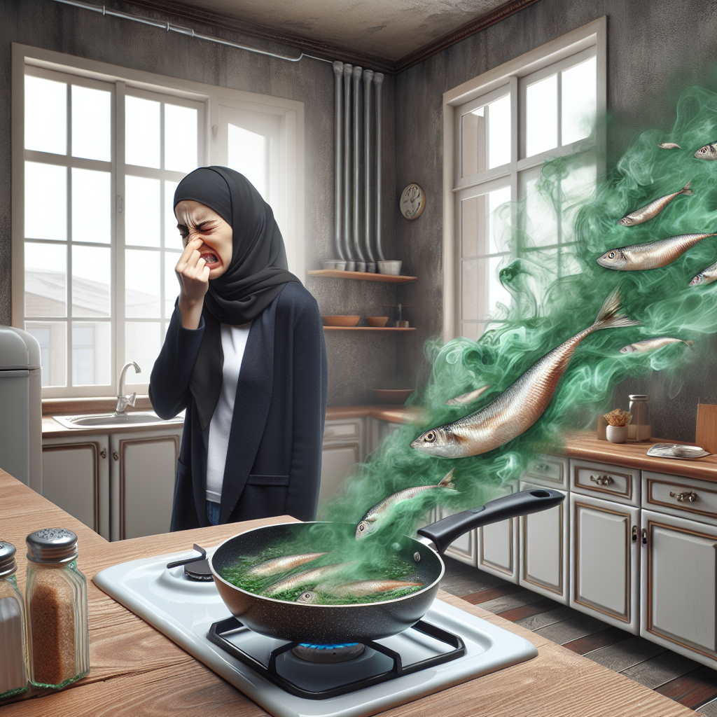 An apartment kitchen, looking a bit stuffy, where a strong, unpleasant fish smell is visibly depicted as swirling, slightly green vapor emanating from a frying pan on the stove. A person in the background is pinching their nose in discomfort, looking frustrated. The windows are closed. Realistic, detailed.