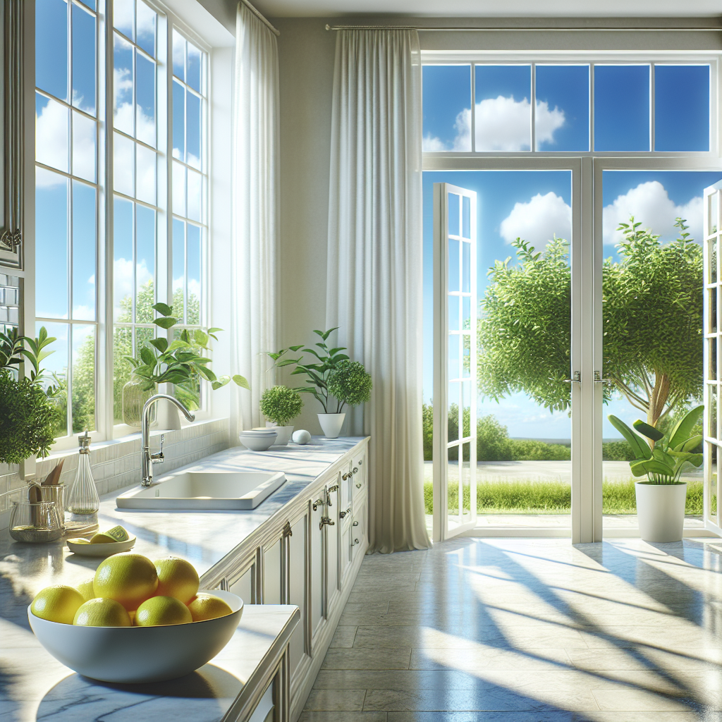 A sparkling clean and bright apartment kitchen after cooking. Large windows are wide open, showing a clear sky and letting in abundant fresh air and sunlight. On the kitchen counter, there's a bowl of fresh lemons and a small plant, conveying a sense of renewed freshness and cleanliness. No lingering smell, feeling airy and inviting. Realistic, detailed.