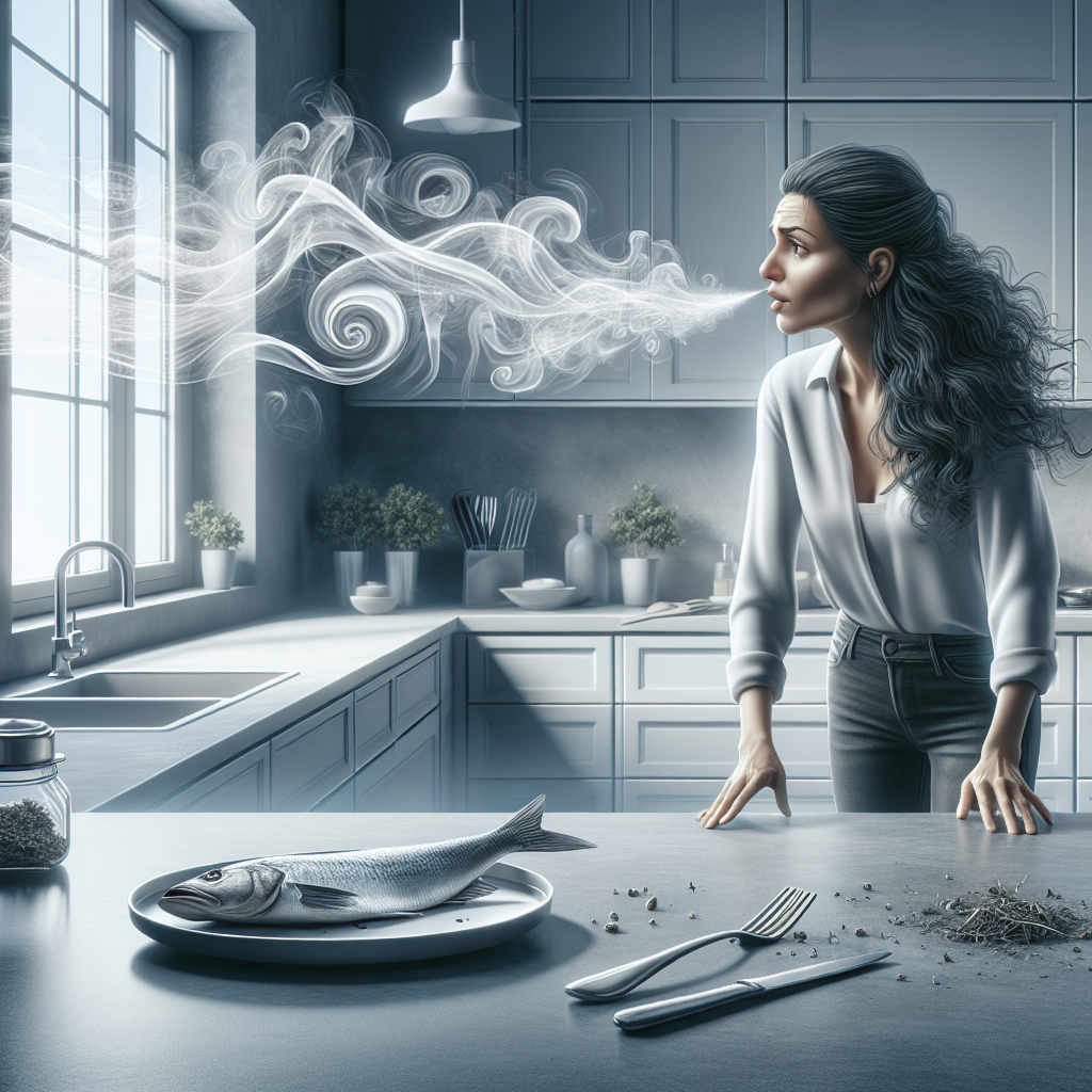 A modern, clean kitchen setting with a subtle, almost invisible 'fish smell' visually permeating the air as faint, wispy grey lines. A person is opening a window wide to ventilate, looking slightly annoyed. On the kitchen counter, there's a finished plate from a fish meal, hinting at the source of the odor. Soft, natural lighting. Focus on the atmosphere and the invisible problem.