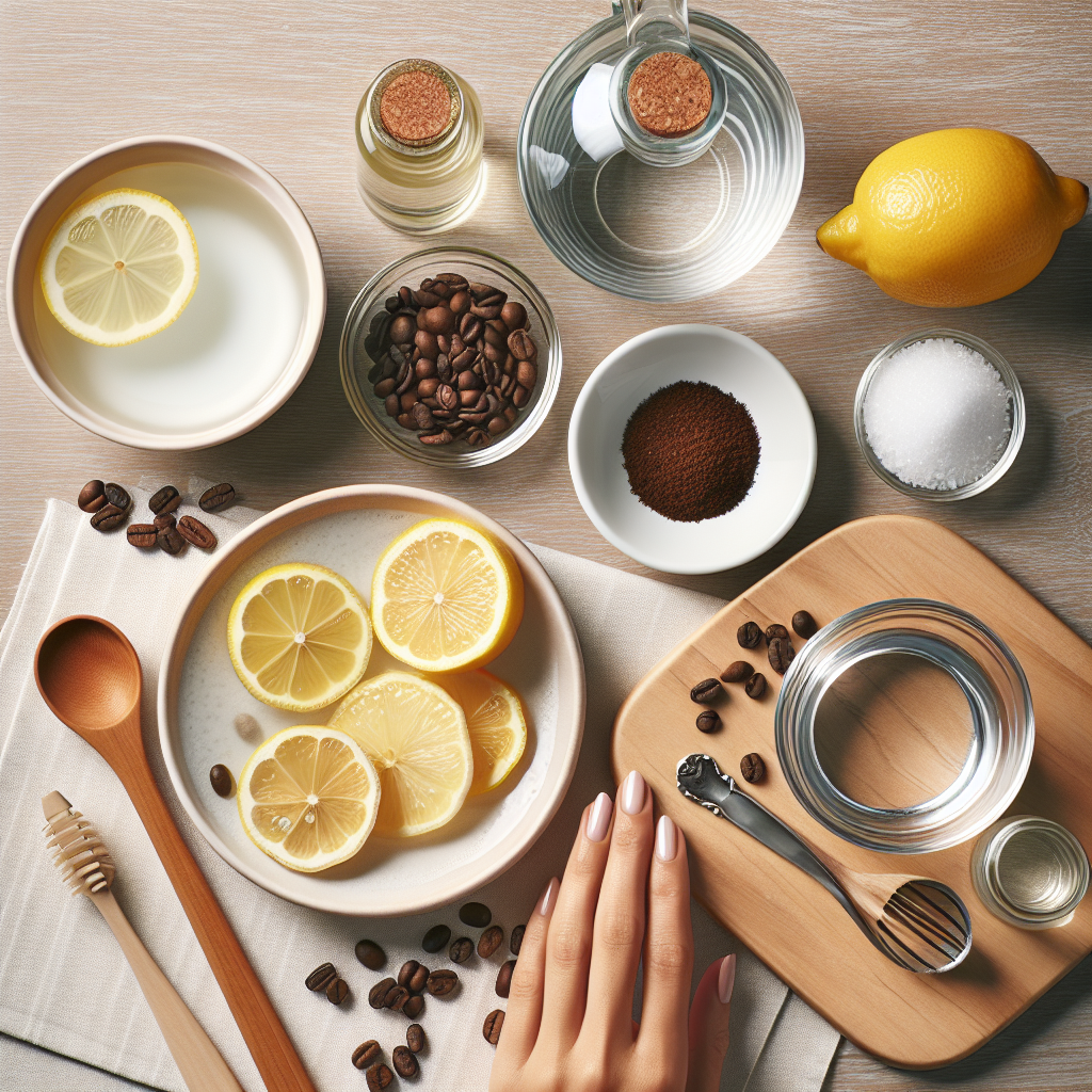 An aesthetic, bright flat lay or close-up still life on a light wooden kitchen counter, showcasing various natural remedies for odors. Elements include: a clear bowl with white vinegar and water, fresh lemon slices arranged on a small plate, a small bowl filled with roasted coffee beans, and a hand gently rubbing a stainless steel spoon. The composition is clean, fresh, and emphasizes natural solutions.