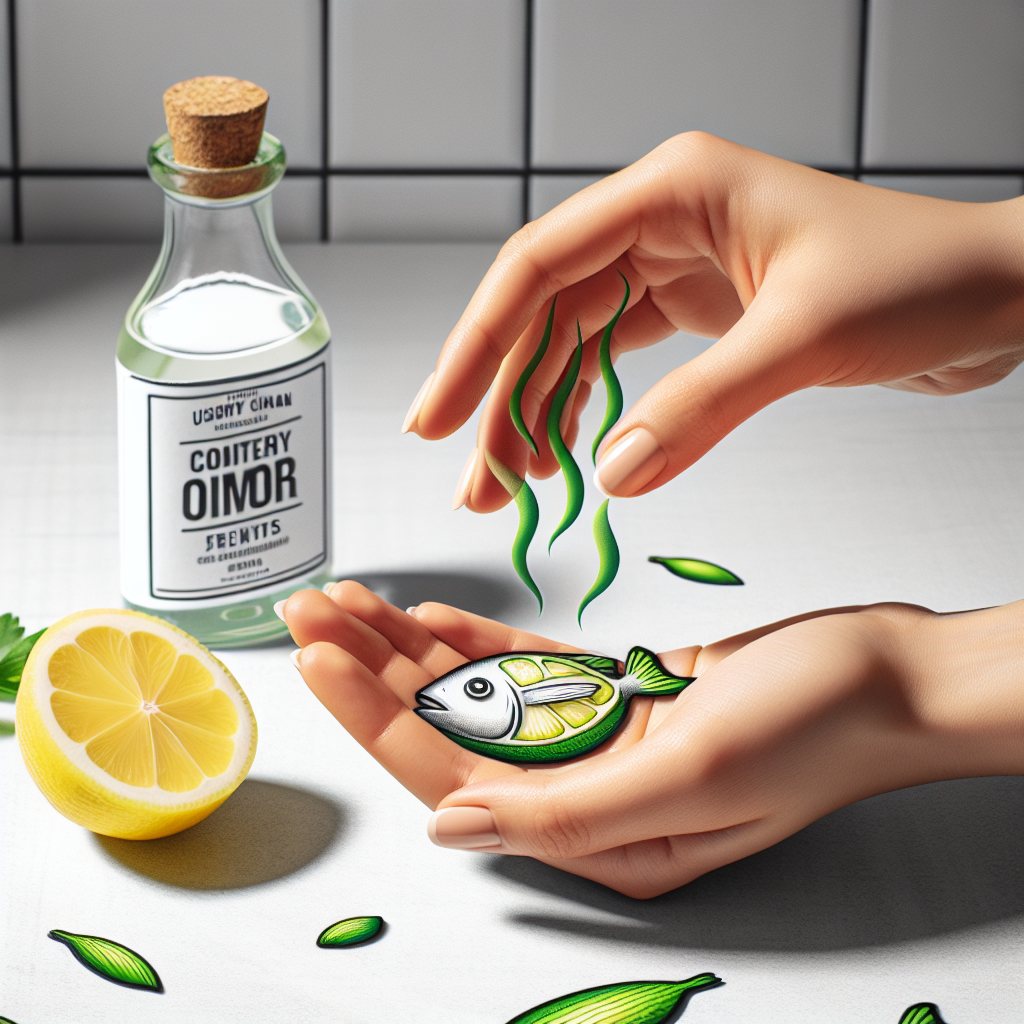 Close-up of hands, subtly bothered by a faint, cartoon-like fish odor (represented by minimal green 'odor lines' in the air), next to a half-cut fresh lemon and a bottle of white vinegar on a clean kitchen counter. Bright, practical, and slightly stylized for a blog article.