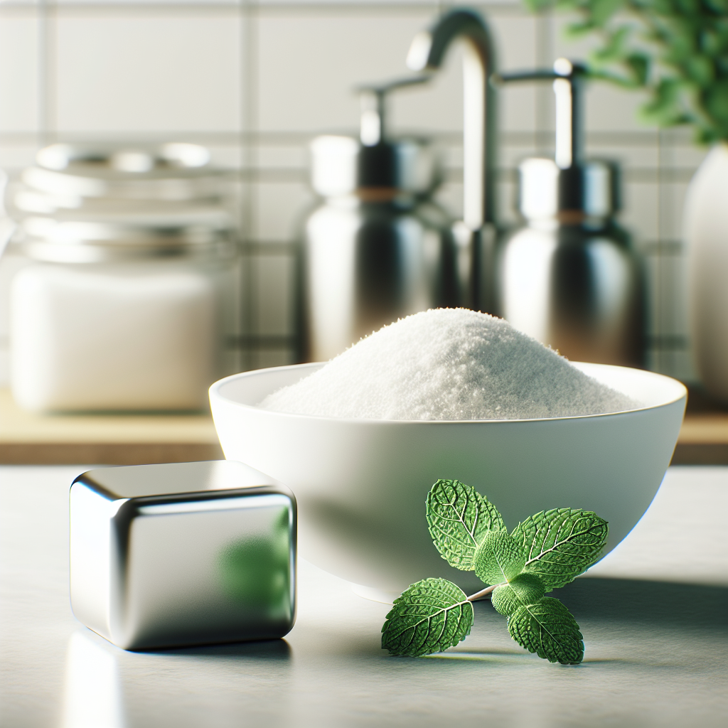 A clean, minimalist kitchen counter featuring essential odor-neutralizing items: a sleek stainless steel 'soap' bar, a small bowl of baking soda, and a fresh sprig of mint. The background is a soft-focus modern kitchen, symbolizing freshness and cleanliness after cooking. Bright, inviting, and functional aesthetic.