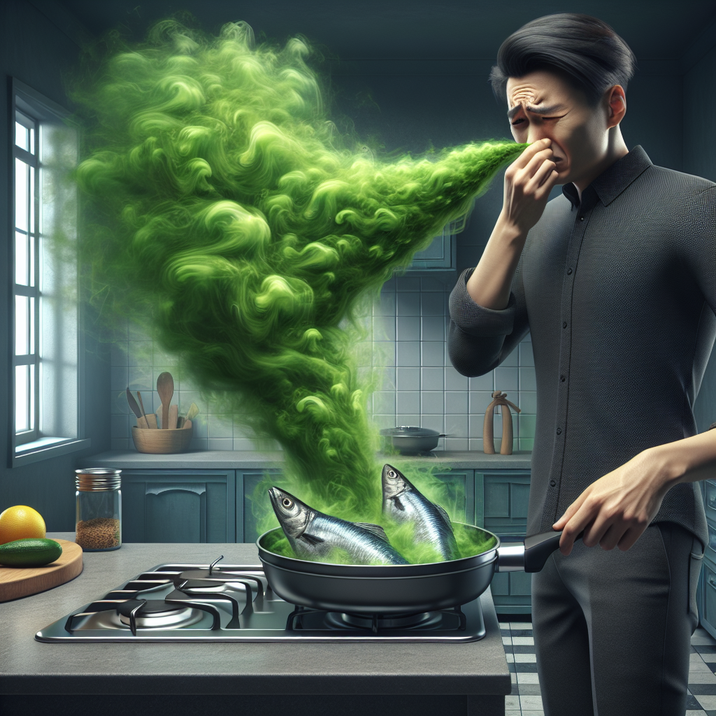 A modern, slightly cluttered apartment kitchen filled with a visible, swirling green miasma representing a strong, unpleasant fish smell. A frying pan with cooked fish sits on the stove, emitting the green vapor. A person in the background is holding their nose with a disgusted expression. Windows are closed, emphasizing the trapped odor. Realistic, detailed, indoor scene, atmospheric.