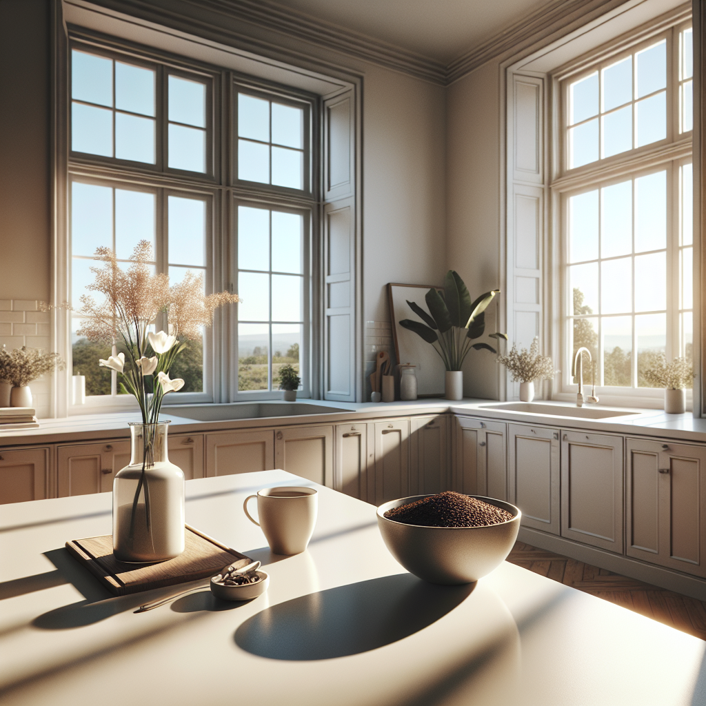 A bright, airy, and impeccably clean apartment kitchen bathed in warm sunlight. Large windows are wide open, revealing a clear sky and distant trees. On a minimalist kitchen counter, a small, elegant bowl with fresh coffee grounds is subtly placed next to a vase with a single fresh flower. The overall atmosphere is fresh, calm, and inviting, with no trace of unpleasant smells. Realistic, inviting, indoor scene.