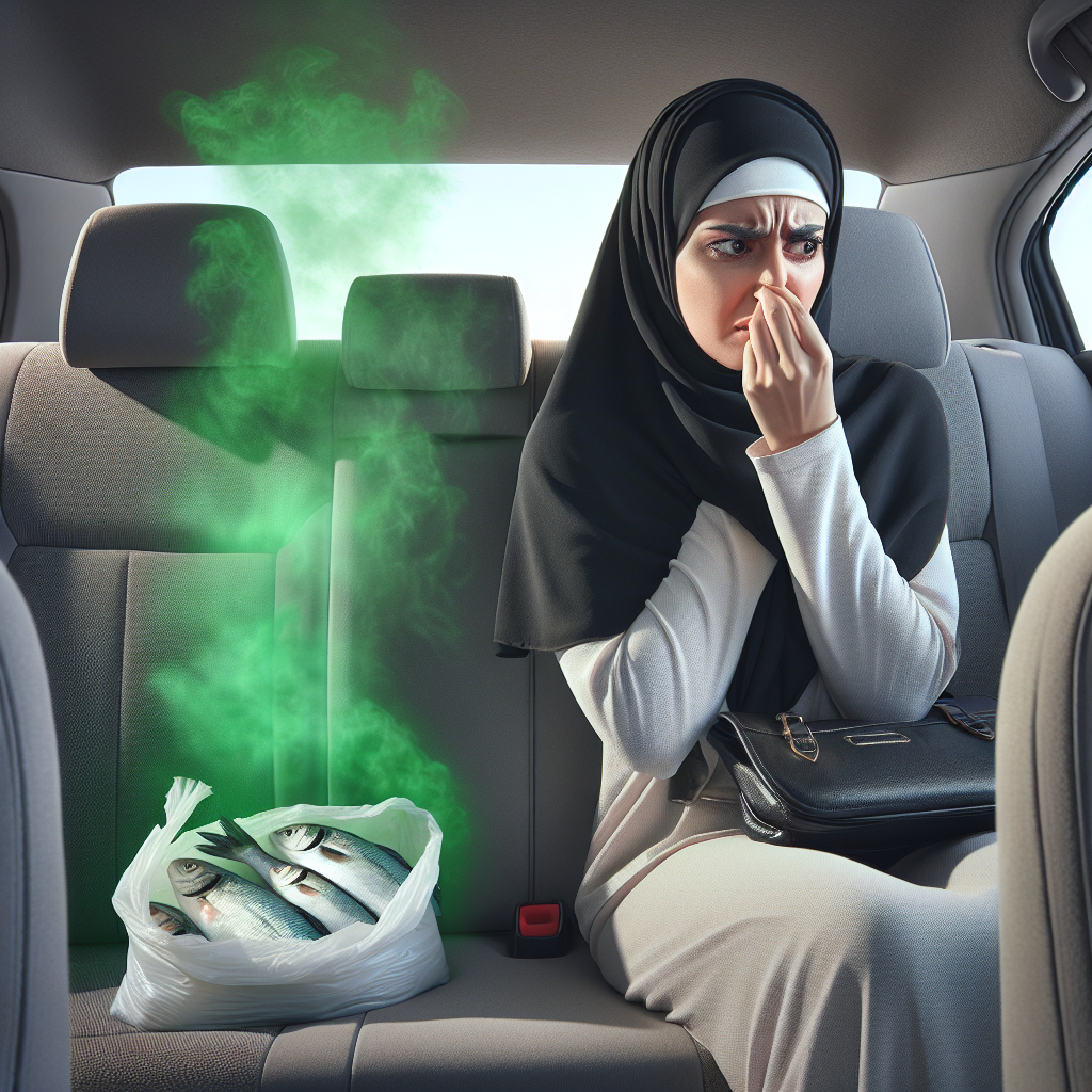 A person with a strong expression of disgust, holding their nose, sitting inside a car. A subtle, hazy green mist slightly lingers in the car interior, visually representing the foul, pervasive fish smell. On the passenger seat, an empty fish packaging or a forgotten fish cooler is barely visible. Realistic photo, emphasizing discomfort and an unpleasant atmosphere.