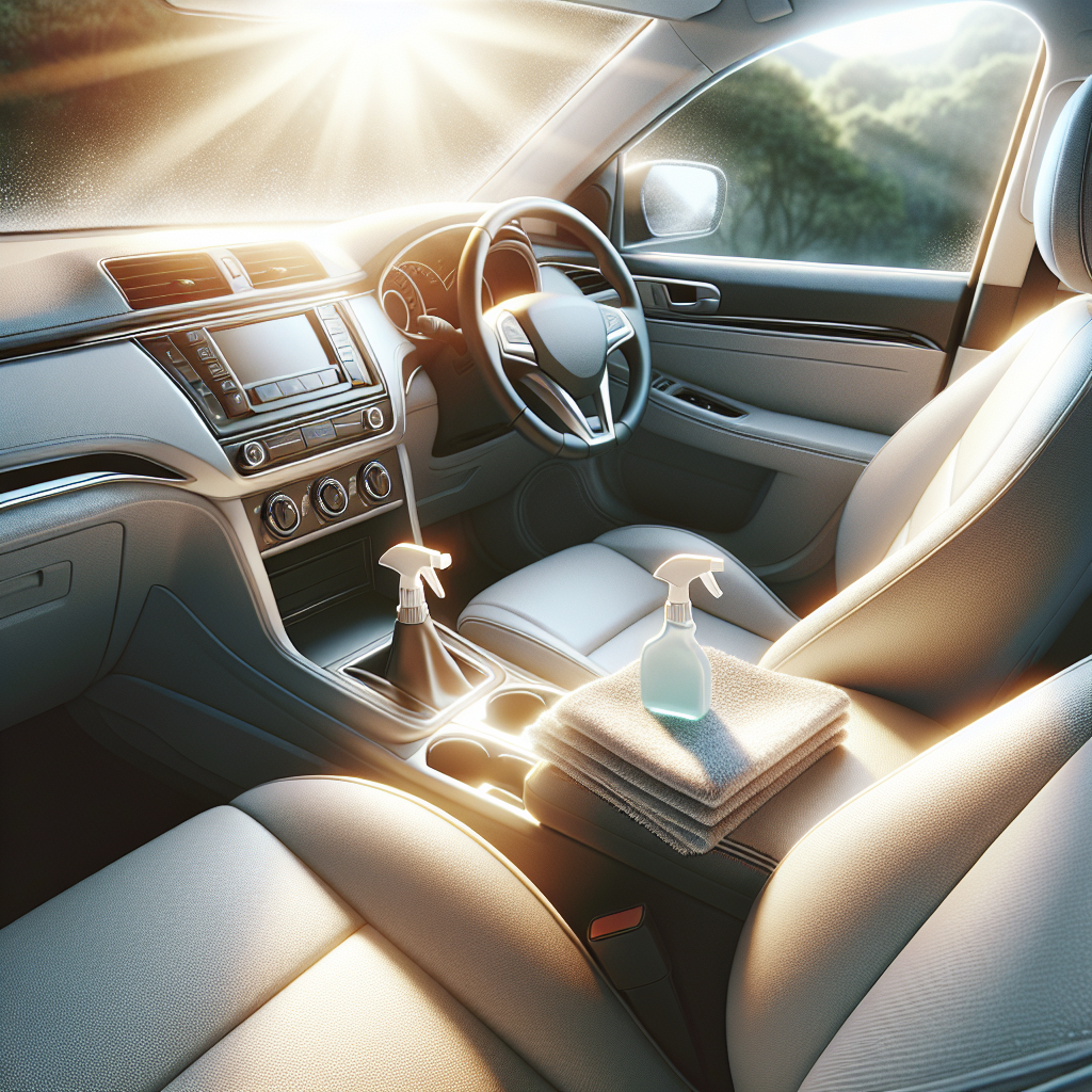 A pristine, sparkling clean car interior, flooded with bright natural daylight. The car seats look freshly cleaned, and the dashboard shines. One of the car windows is rolled down, with a gentle, refreshing breeze subtly indicated by light curtains or leaves outside. On the center console, a spray bottle of car air freshener and a microfiber cloth are neatly placed. Realistic photo, conveying freshness and cleanliness.