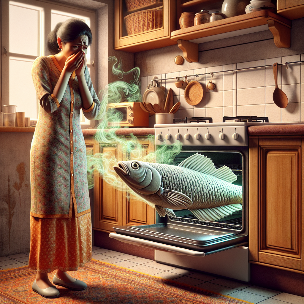 A kitchen scene with an open oven from which a subtle, unpleasant fish smell visibly wafts out as light green or grey wisps. A person stands nearby, holding their nose with a slightly distressed expression. The kitchen should appear clean but the smell is clearly present. Realistic, warm lighting.