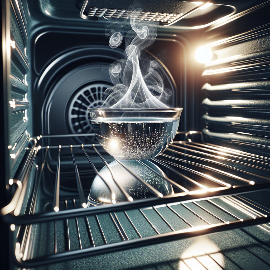 Inside a clean, modern oven, a heat-resistant bowl filled with a clear liquid (representing vinegar and water) is placed on the rack. Gentle steam or vapor rises from the bowl, creating a sense of purification. The oven interior looks sparkling clean, and the overall impression is one of freshness and effective cleaning. Soft, natural light.
