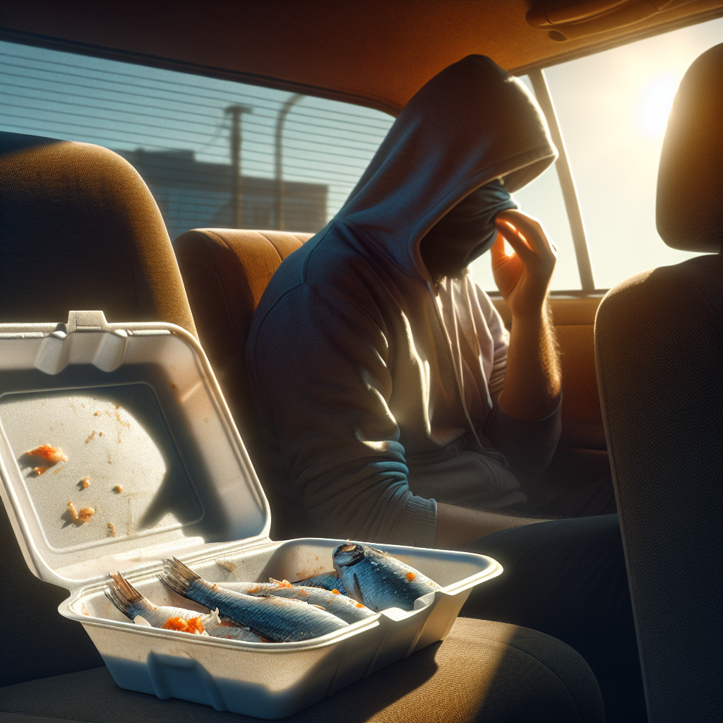 Inside a car, the sun shines through the window onto a forgotten, partially open styrofoam container with fish remains on the back seat. The car's interior looks slightly disheveled. A hand is subtly covering a nose in the background, indicating a strong, unpleasant smell. Realistic, slightly desaturated colors to convey staleness.