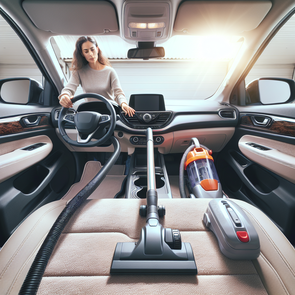 A meticulously clean car interior, seen from a slightly elevated angle. All car doors are wide open, letting in abundant fresh air and sunlight. A person's hand is visible in the foreground, using a handheld vacuum cleaner to thoroughly clean a floor mat, emphasizing the deep cleaning process to remove odors. Bright, inviting, and fresh aesthetic.