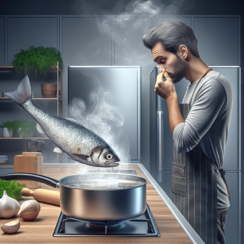 A realistic photograph of a modern kitchen after cooking fish, with a subtle, stylized green-grey haze lingering in the air, representing an unpleasant fish smell. A forgotten pan is on the stove, and a person subtly holding their nose in the background, conveying the lingering odor. The atmosphere is slightly unwelcoming.