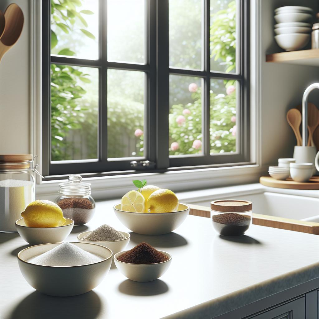 A bright, realistic photograph of a sparkling clean kitchen countertop, bathed in natural light. Arranged neatly are small bowls containing common home remedies: fresh lemon slices, ground coffee, and a small dish of vinegar. An open window in the background with a gentle breeze suggests the kitchen is now fresh and odor-free, conveying a sense of cleanliness and relief.
