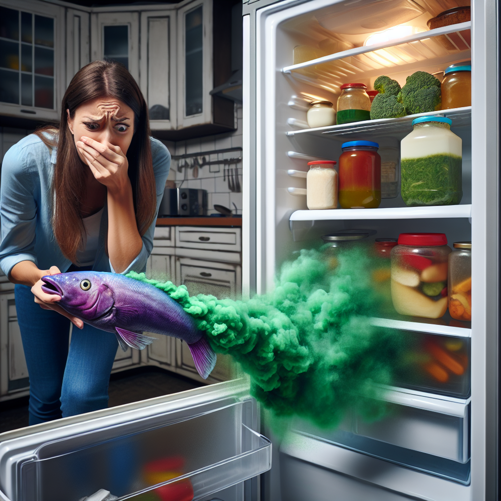 A person recoiling in disgust, holding their nose, while opening a refrigerator door from which a cartoonish, pungent green or purple odor cloud, shaped like a fish, visually emanates. The fridge interior looks somewhat messy with various food items.