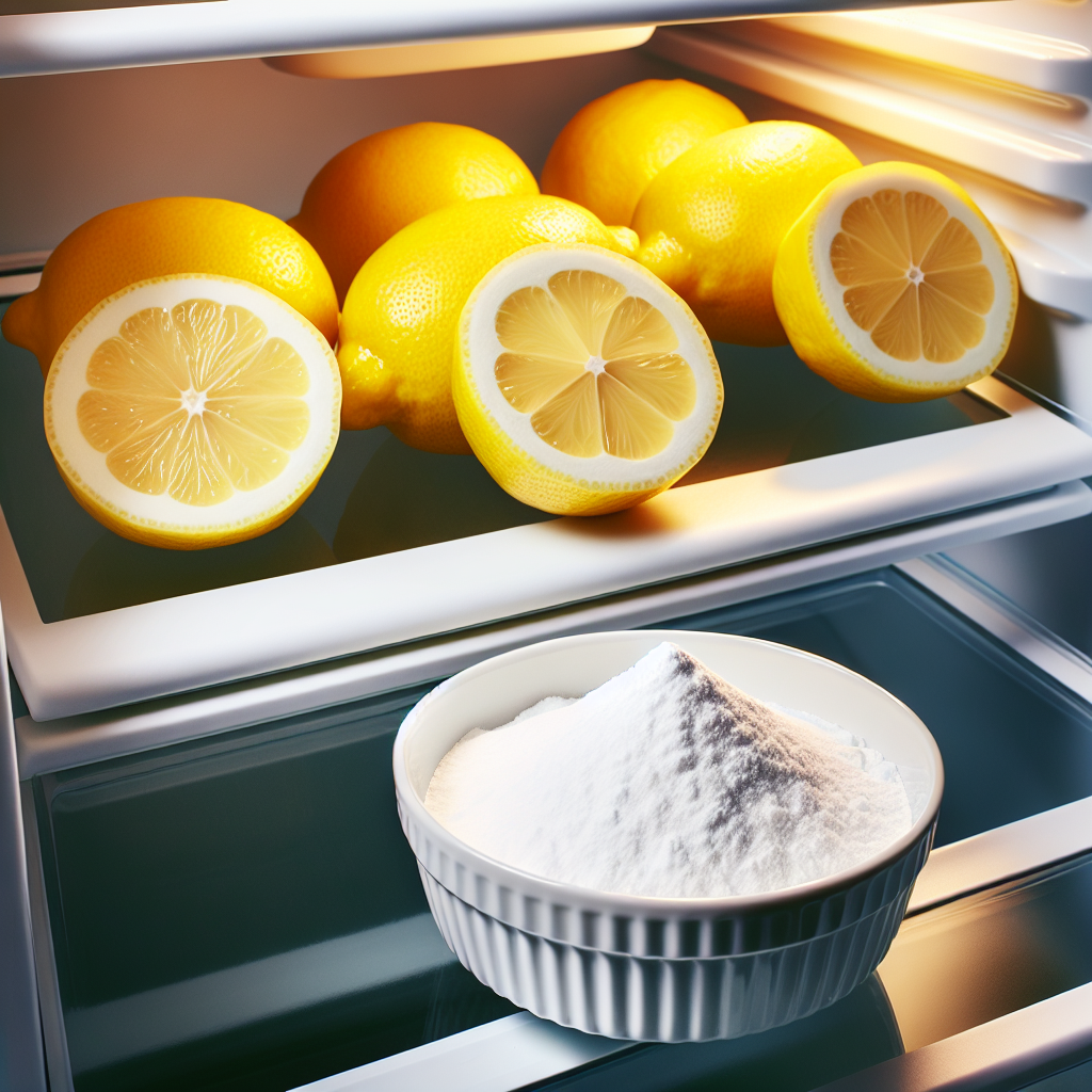 A sparkling clean and fresh-looking refrigerator interior. On one of the shelves, there is a small, open bowl of white powder (like baking soda) and a few neatly arranged lemon slices, symbolizing natural odor absorption. Bright, inviting light fills the fridge.