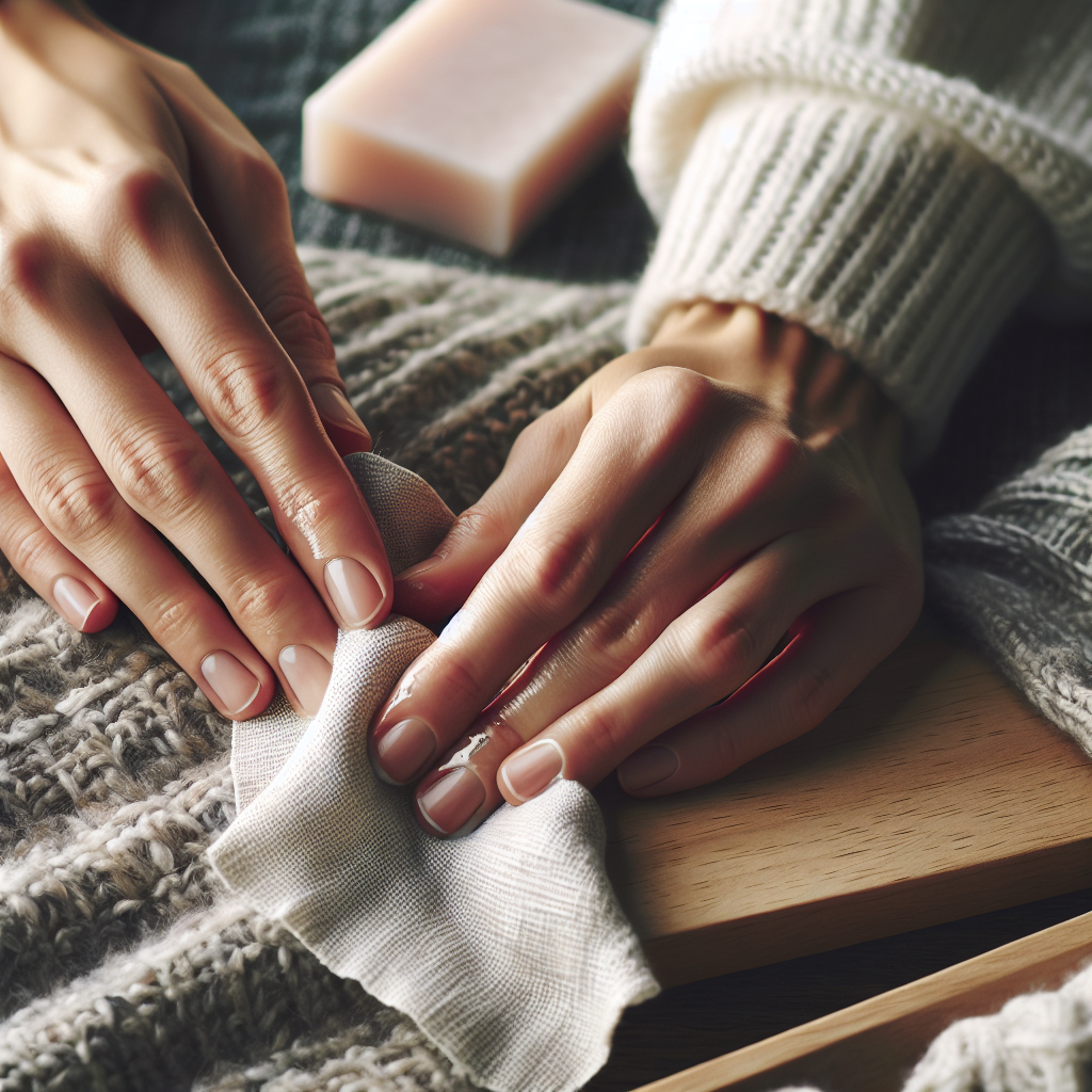 Overhead shot, close-up of hands carefully dabbing a small, light stain on a textured grey wool blanket or scarf using a damp, white cotton cloth. A bar of natural, mild soap (like 'Gallseife' or 'Wool Soap') is subtly visible in the soft-focus background. The scene is clean, well-lit, and emphasizes a gentle, precise cleaning process without harsh rubbing.