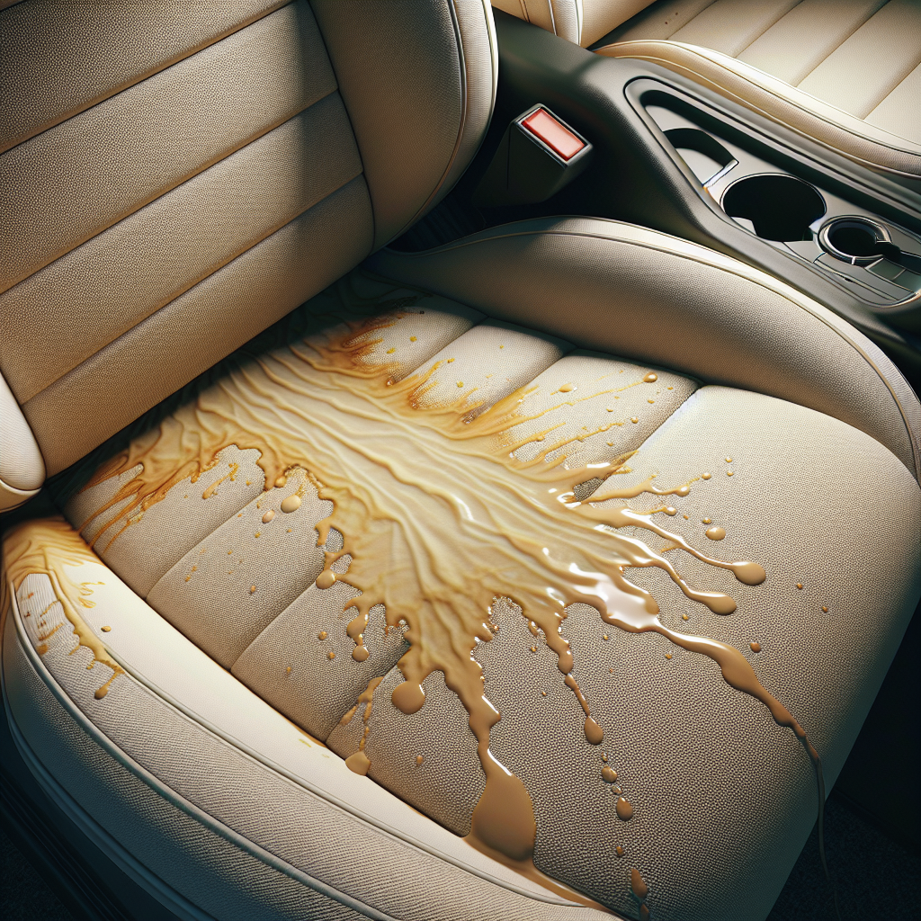 A realistic close-up of a beige car seat interior with a fresh, prominent coffee spill stain, highlighting the texture of the fabric. The scene should convey the common problem of car seat stains, natural lighting.