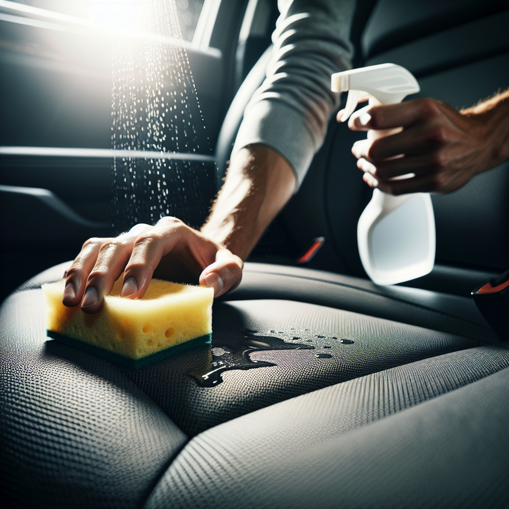 Close-up shot of hands carefully using a damp sponge and a spray bottle with cleaning solution on a dark gray car seat interior, actively removing a visible but fading stain. The focus is on the effective cleaning process, showing care and attention to detail, natural lighting.