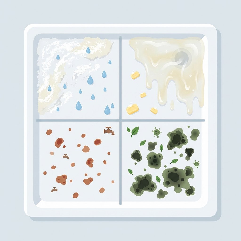 A detailed, clean flat illustration showing a white shower tray surface divided into four distinct sections. Each section visually represents a common type of stain found in bathrooms. One section shows white, chalky limescale deposits. Another section depicts a translucent, gooey layer of soap scum. A third section features small, reddish-brown rust spots. The final section displays dark, splotchy mold and mildew. Subtle graphic elements, like a water droplet for limescale or a tiny bar of soap for soap scum, could visually hint at the cause without using any text. The overall aesthetic should be bright, informative, and easy to understand.