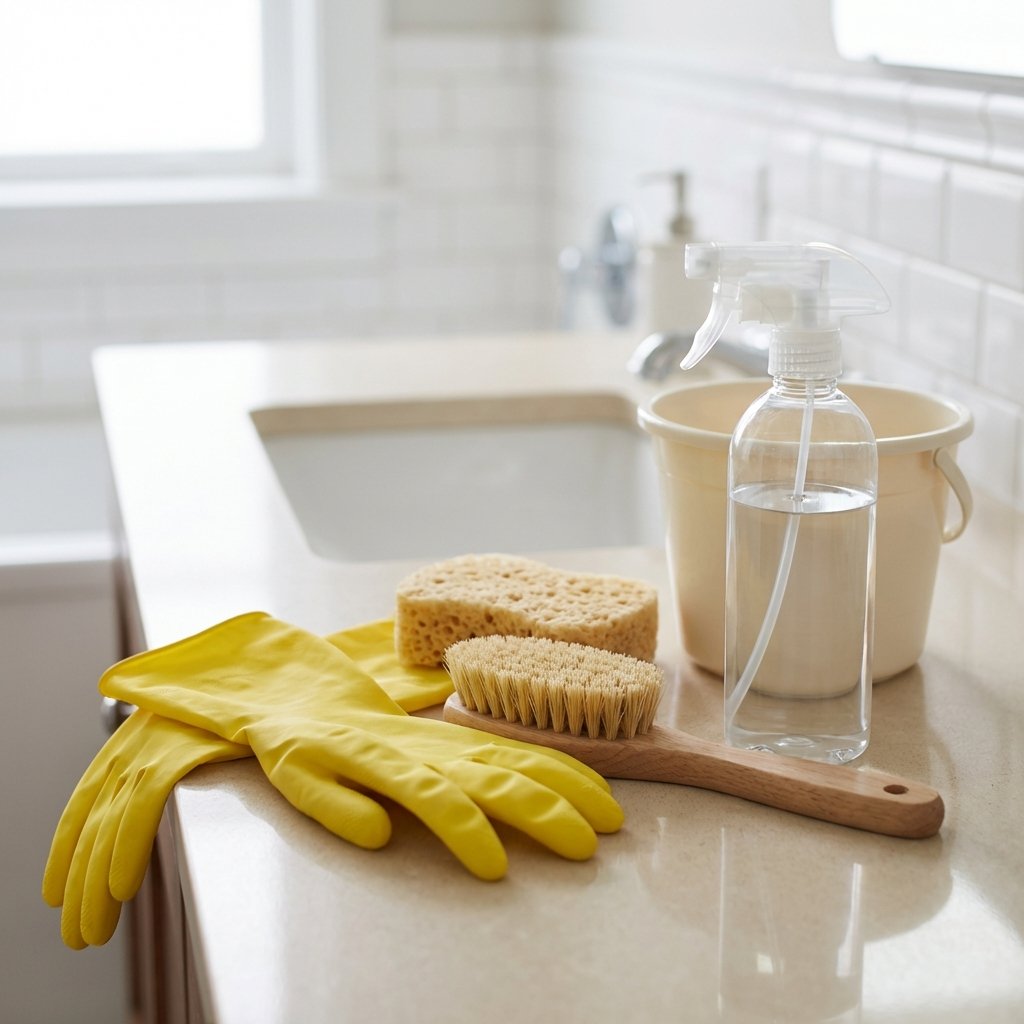 A professional photo, shot from a slightly elevated angle, showcasing an organized array of cleaning tools and protective gear laid out on a clean, light-colored bathroom counter, ready for use. The focus is on essential items like a pair of bright yellow rubber gloves, a scrubbing brush with a comfortable handle, a clean sponge, and a generic spray bottle, perhaps next to a small bucket. The lighting is soft and even, highlighting the textures of the materials. The background is blurred slightly to keep attention on the foreground items, conveying preparedness and efficiency for cleaning.