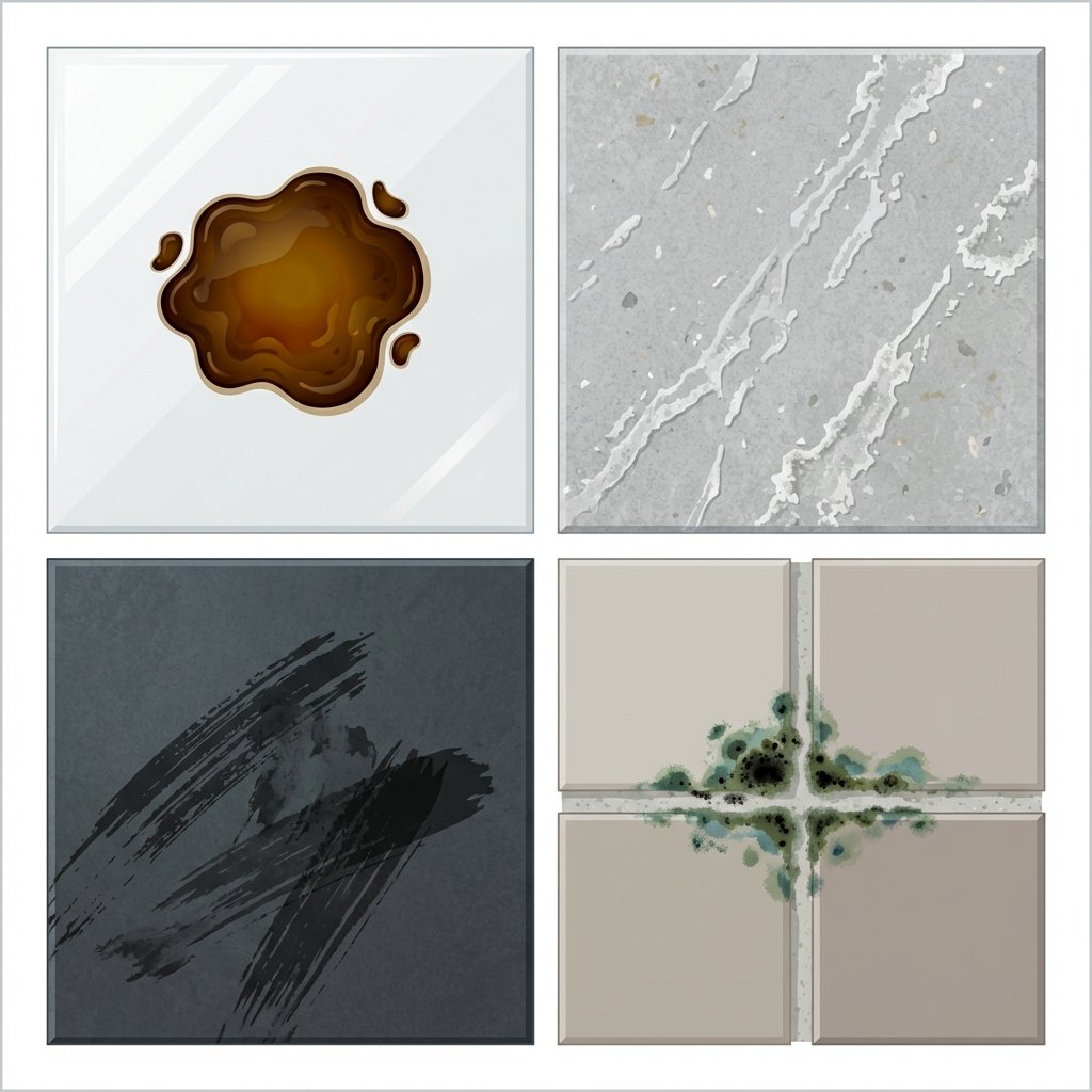 A modern, clean infographic-style flat illustration depicting a grid of different tile types, each section showcasing a distinct common stain. One section shows a glossy white ceramic tile with a dark brown grease stain. Another section features a light grey, porous natural stone tile with visible white-grey lime scale streaks. A third section displays a dark floor tile with prominent black shoe scuff marks. The final section highlights a grout line between two neutral-colored tiles with a small patch of green and black mold. The overall look is clean, informative, and visually separated for clarity.