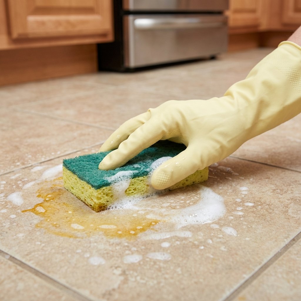 A high-quality, professional photo taken from a slightly elevated perspective, focusing on a hand wearing a light-colored cleaning glove. The hand is actively scrubbing a stubborn, yellowish-brown grease stain on a neutral-toned kitchen floor tile with a damp sponge. Water droplets and cleaning foam are visible around the stain. The background is slightly blurred, showing a hint of a kitchen environment. The lighting is bright and natural, emphasizing the cleaning action and the texture of the tile and sponge.