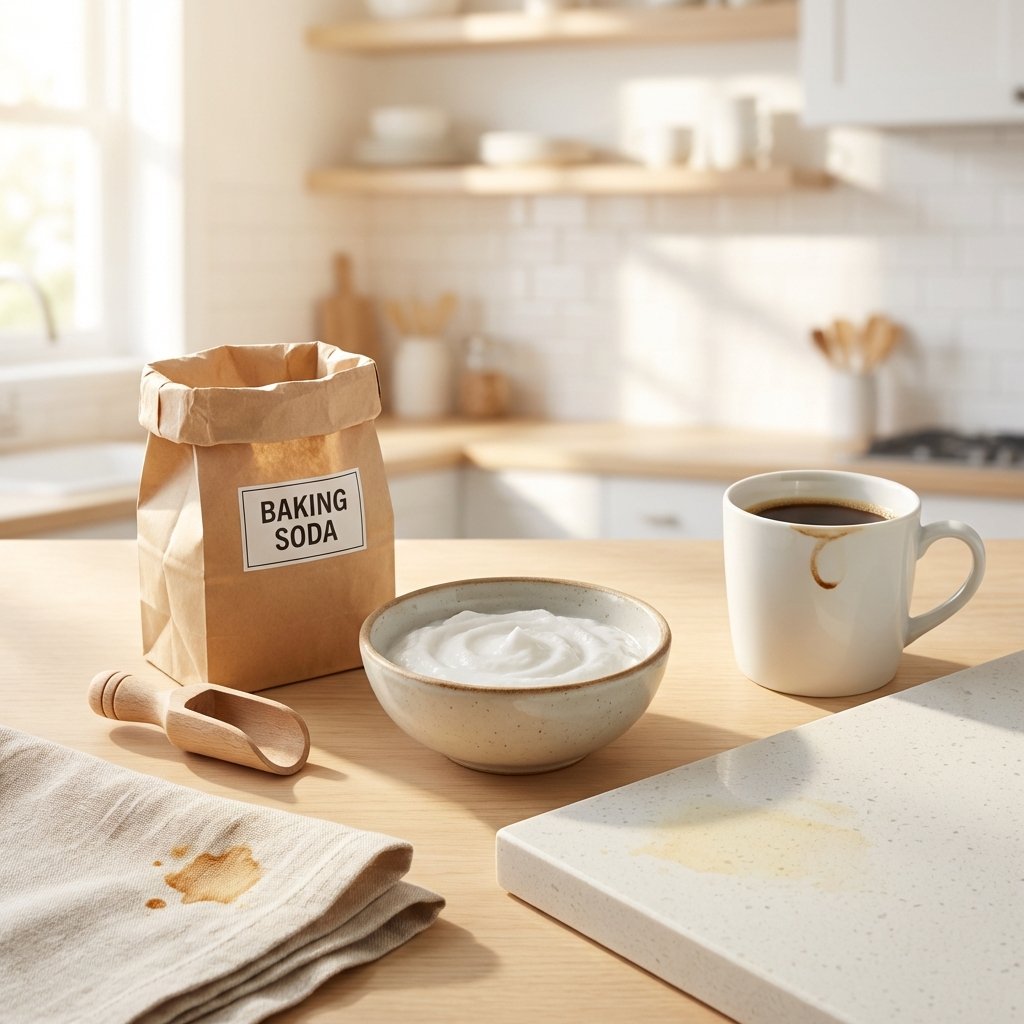 A bright, clean kitchen or laundry room scene. In the foreground, an open box or bag of baking soda and a small wooden spoon are placed next to a bowl containing a freshly mixed baking soda paste. Around this central focus, various common household items with subtle, easily identifiable stains are arranged: a fabric swatch with a small food stain, a slightly discolored portion of a kitchen counter, and a coffee-stained ceramic mug. Soft, natural light illuminates the scene, emphasizing cleanliness and the natural aspect of the product. The overall style should be professional, high-key product photography with a warm, inviting feel, suggesting gentle yet effective cleaning.
