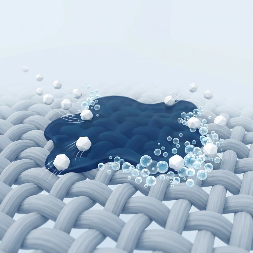 An illustrative scene depicting the microscopic action of baking soda on a stubborn stain. A stylized surface, such as a magnified fabric weave or a textured kitchen counter, is shown with a blob-like stain adhered to it. Tiny, stylized white particles, representing baking soda, are actively interacting with the stain. Some particles are gently abrading the surface, while others are dissolving and causing a subtle effervescent or bubbling effect around the stain's edges, visually demonstrating the lifting and dissolving action. The background is clean and minimalistic, focusing solely on the interaction. The style should be a modern, clean 3D render or a detailed scientific flat illustration, using a color palette of blues, whites, and soft greys to convey effectiveness and clarity.