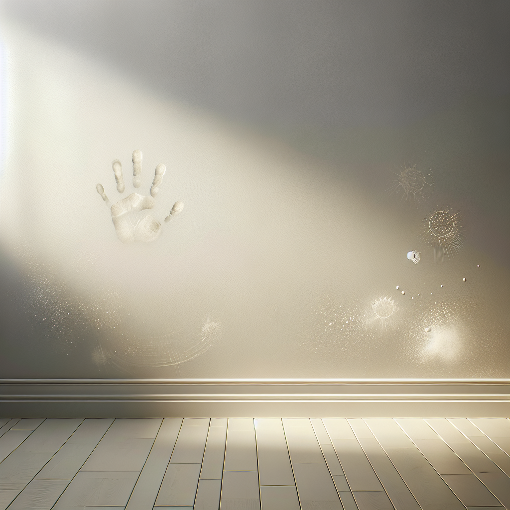 A brightly lit, modern living room wall with a few subtle, common stains: a faint handprint, a small grease splatter, and a light crayon mark. The wall is a light neutral color. High-resolution realistic photo, clean aesthetic.