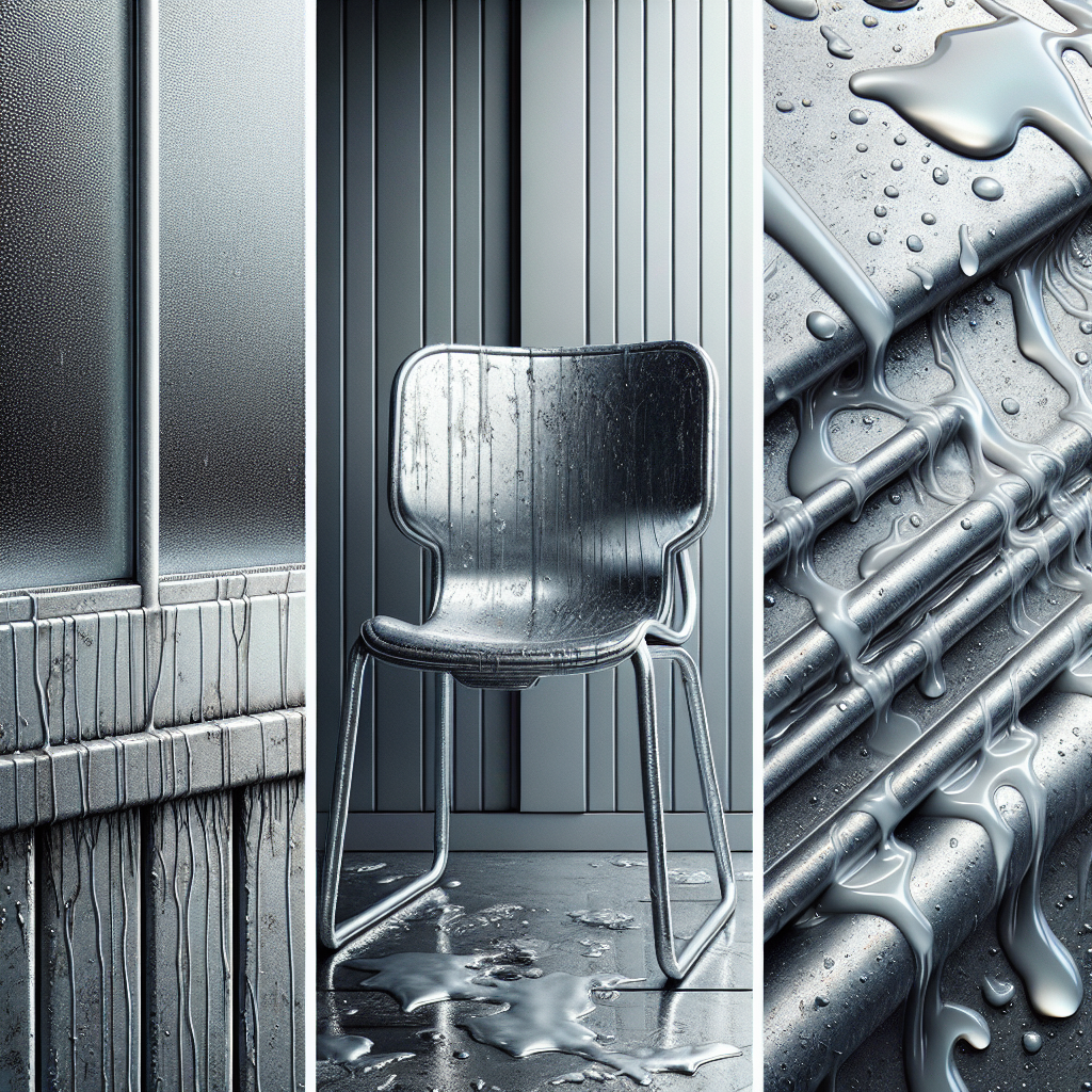 A close-up, highly detailed shot showcasing various aluminum surfaces with distinct stains: a grey oxidized aluminum window frame, a section of a shiny aluminum garden chair with white water spots, and a part of an aluminum kitchen pot with greasy smudges. The lighting should emphasize the texture and the blemishes. Realistic, high-resolution photo.